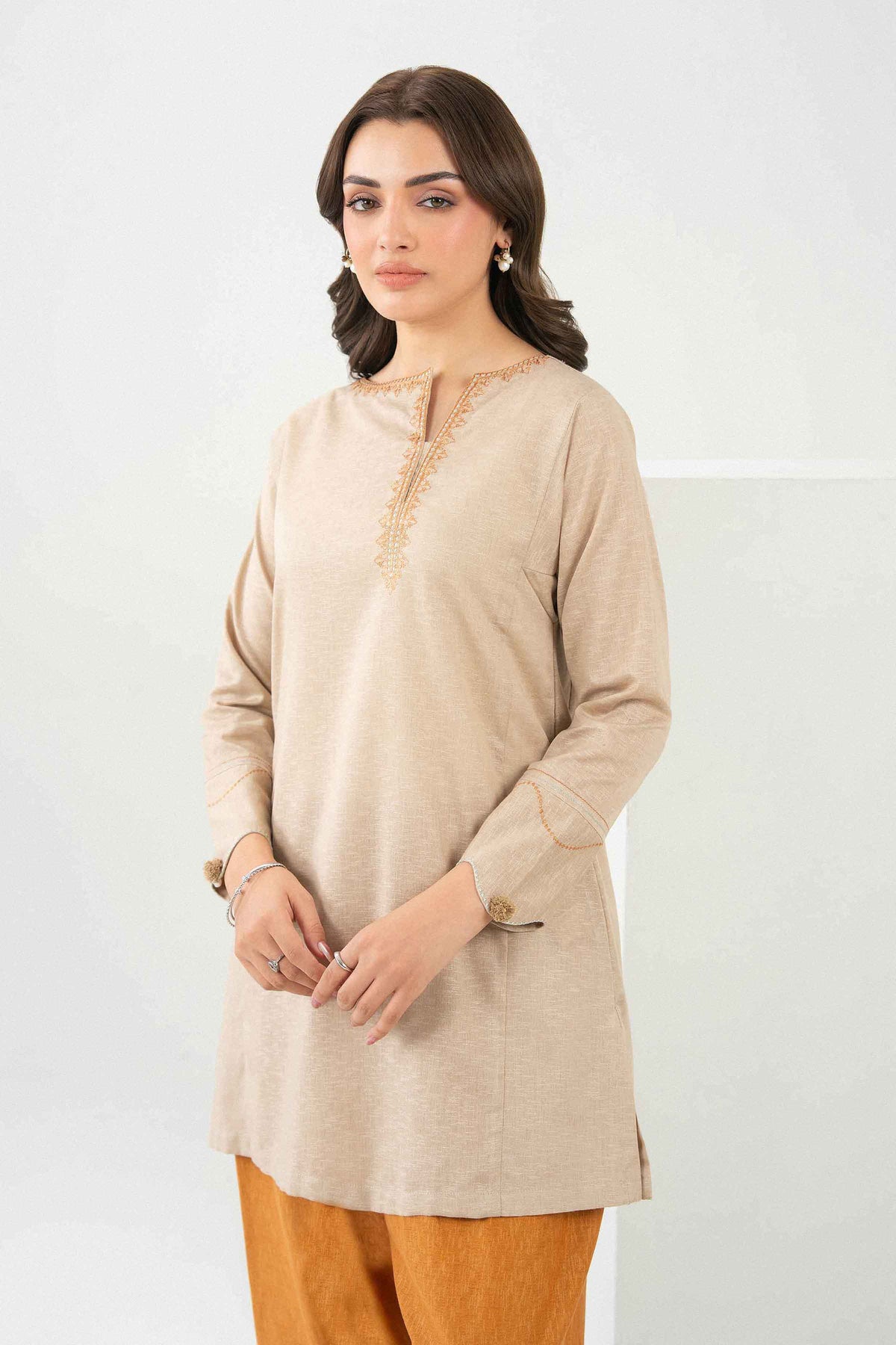 Beige 2-Piece Embroidered Suit in Karandi ready-to-wear