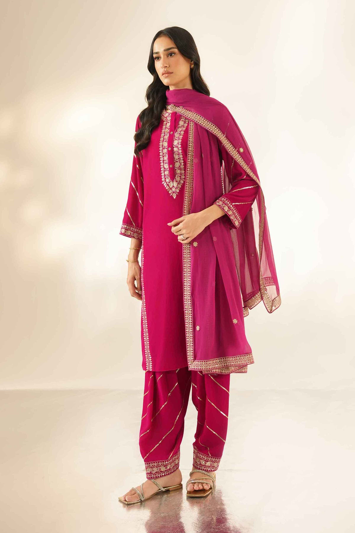 Pink 3-Piece Embroidered Suit in Velvet ready-to-wear
