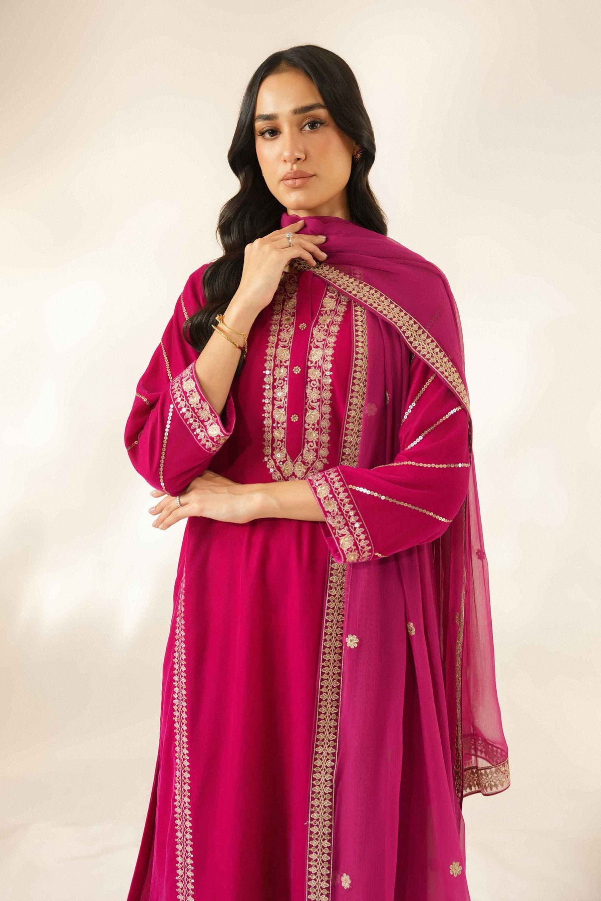 Pink 3-Piece Embroidered Suit in Velvet ready-to-wear