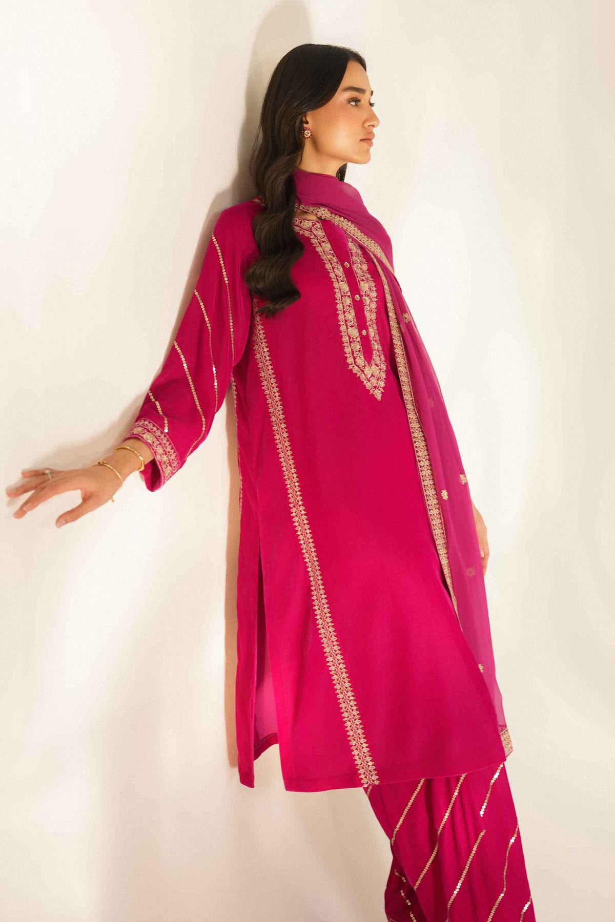 Pink 3-Piece Embroidered Suit in Velvet ready-to-wear
