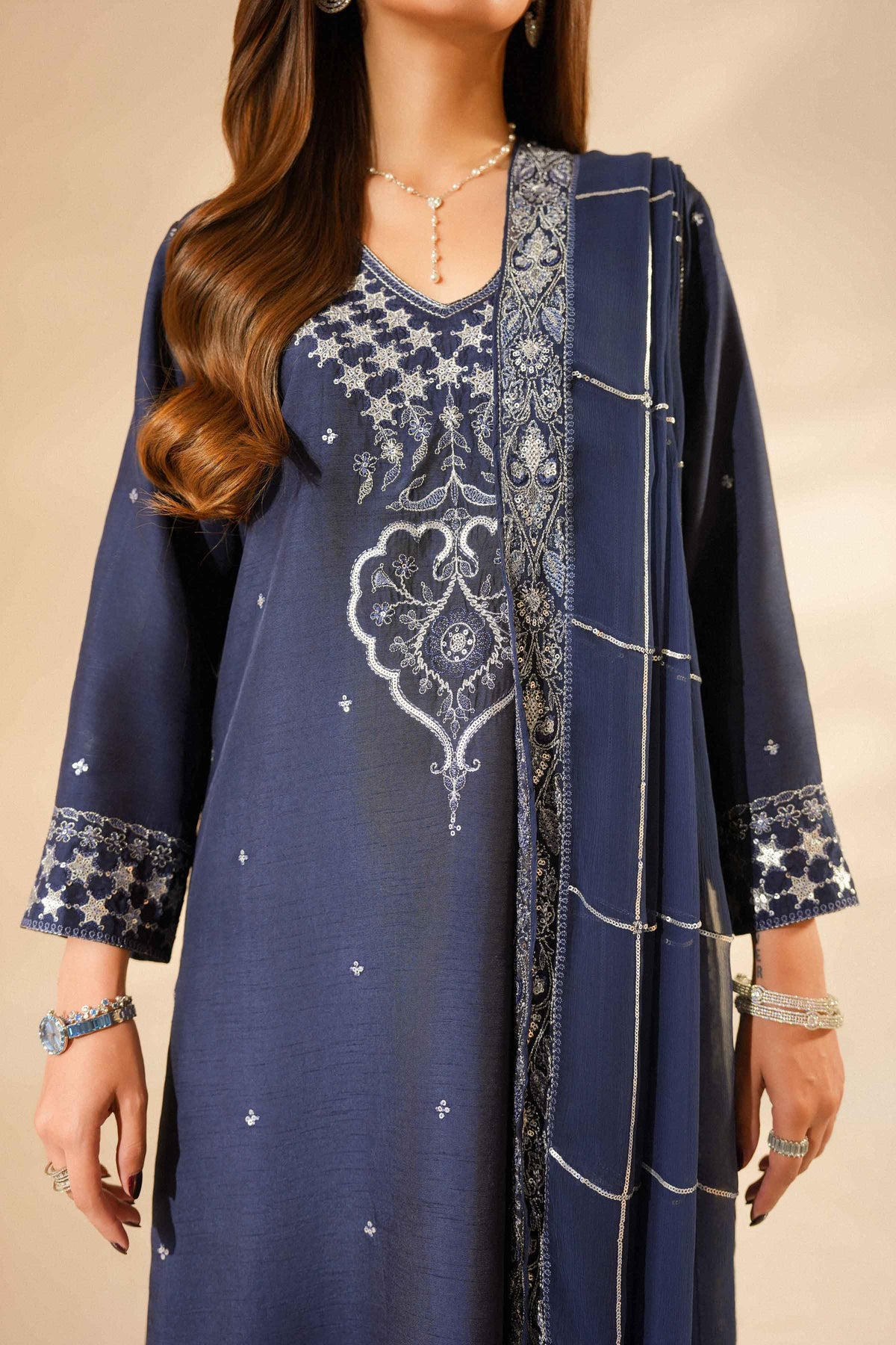 Blue 3-Piece Embroidered Suit in Silk ready-to-wear