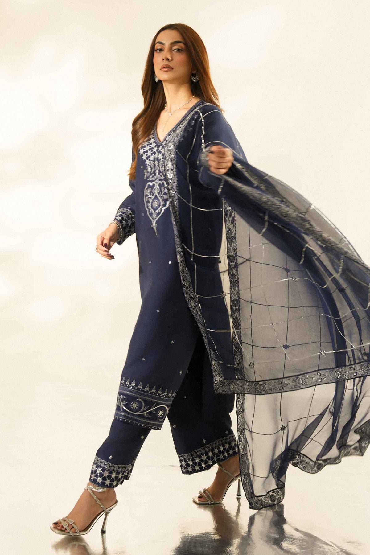 Blue 3-Piece Embroidered Suit in Silk ready-to-wear