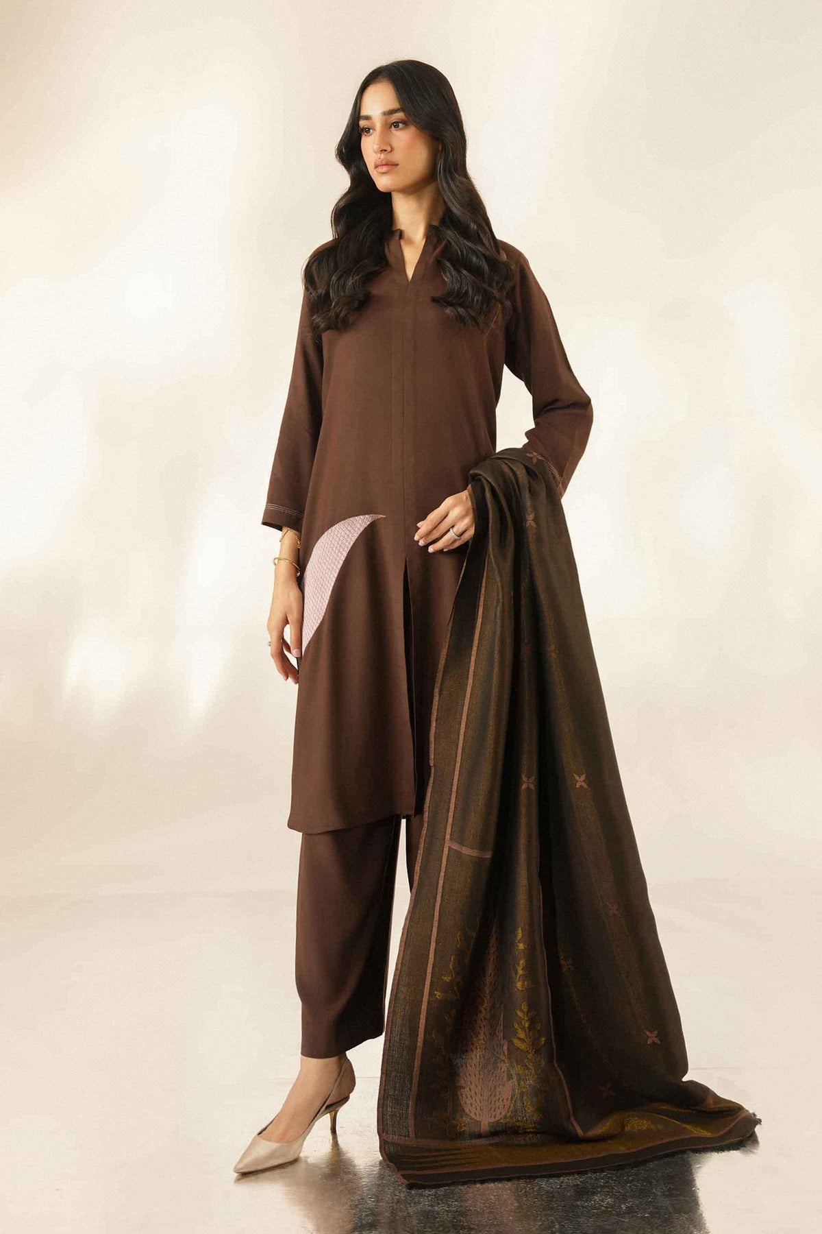 Brown 3-Piece Embroidered Suit in Silk ready-to-wear