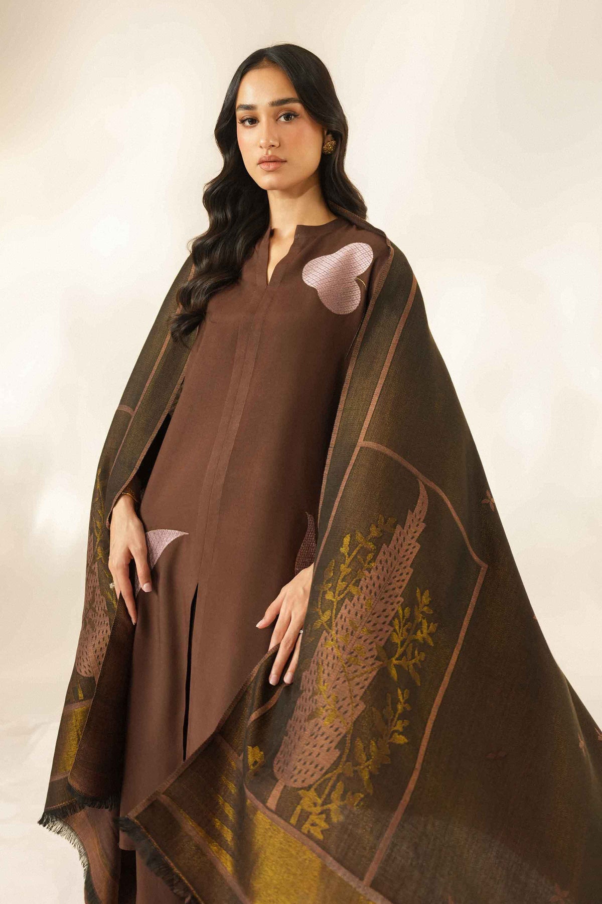Brown 3-Piece Embroidered Suit in Silk ready-to-wear