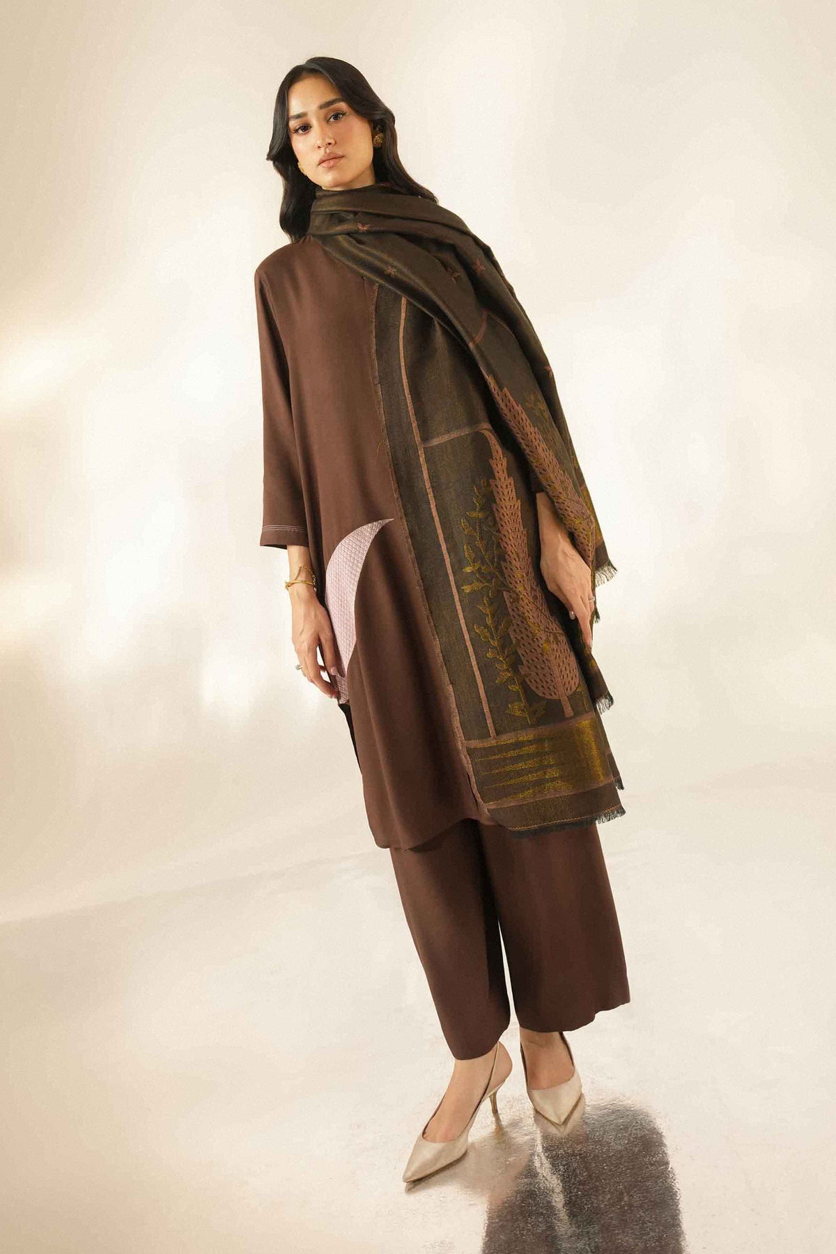 Brown 3-Piece Embroidered Suit in Silk ready-to-wear