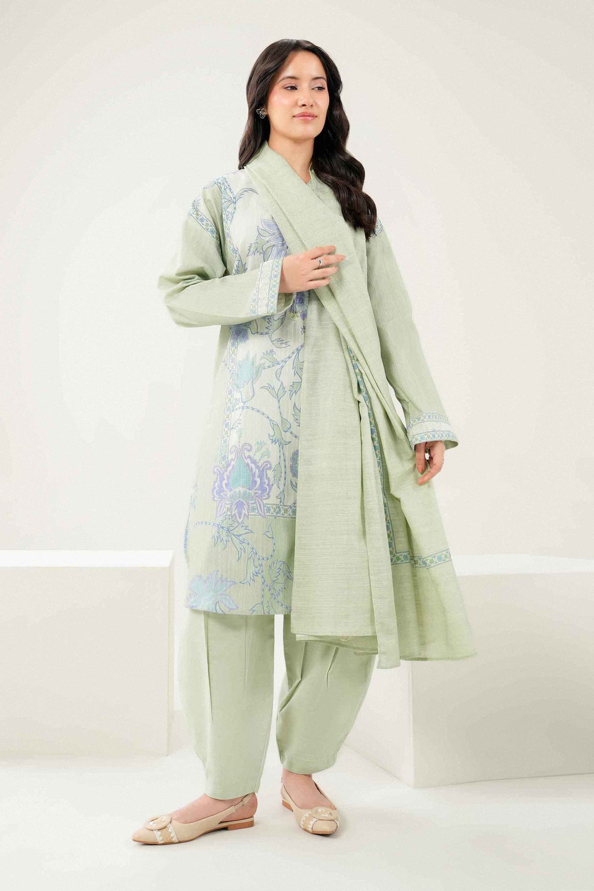 Green 3-Piece Printed Embroidered Suit in Khaddar ready-to-wear