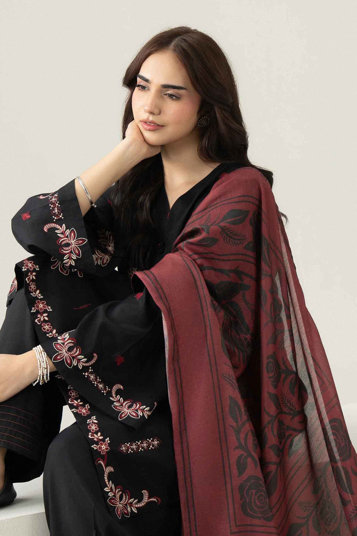 Black 3-Piece Printed Embroidered Suit in Silk ready-to-wear