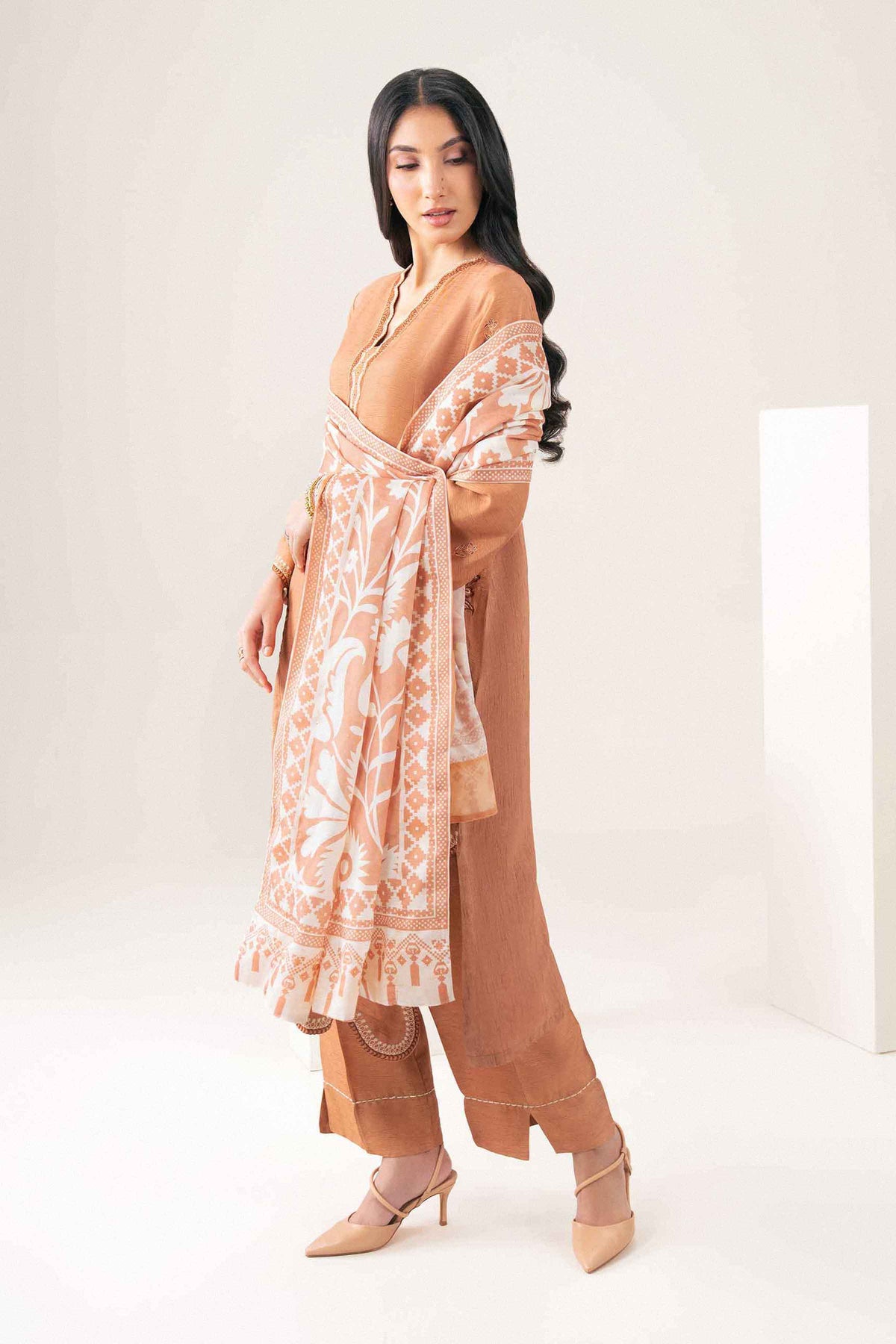 Orange 3-Piece Printed Embroidered Suit in Silk ready-to-wear