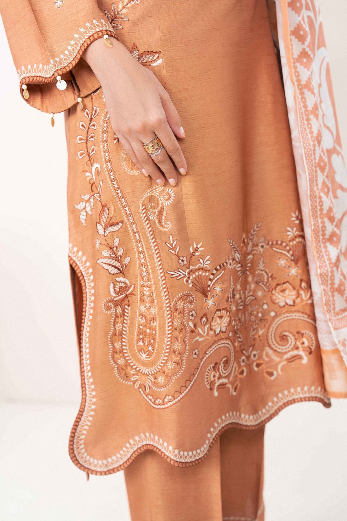 Orange 3-Piece Printed Embroidered Suit in Silk ready-to-wear