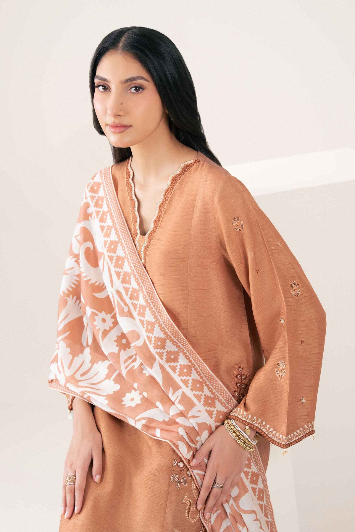 Orange 3-Piece Printed Embroidered Suit in Silk ready-to-wear