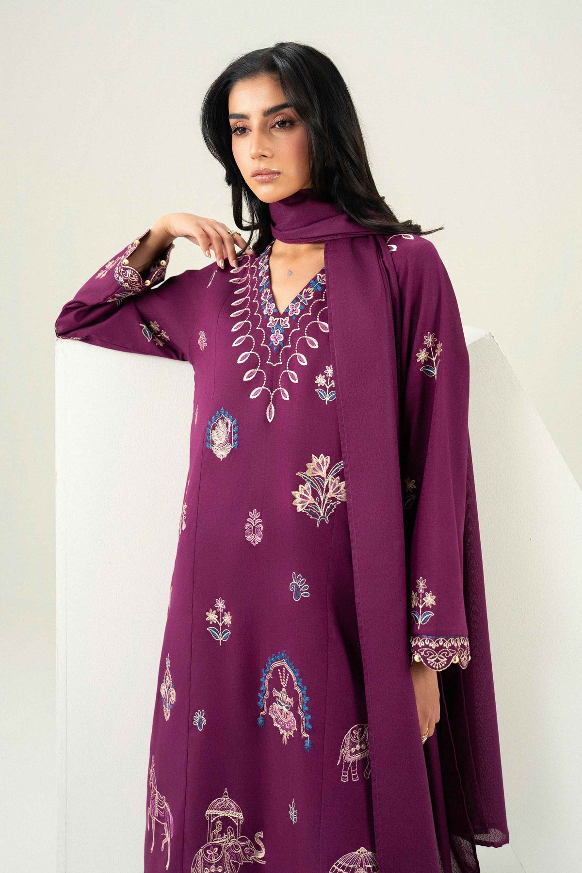 Purple 3-Piece Embroidered Suit in Karandi ready-to-wear