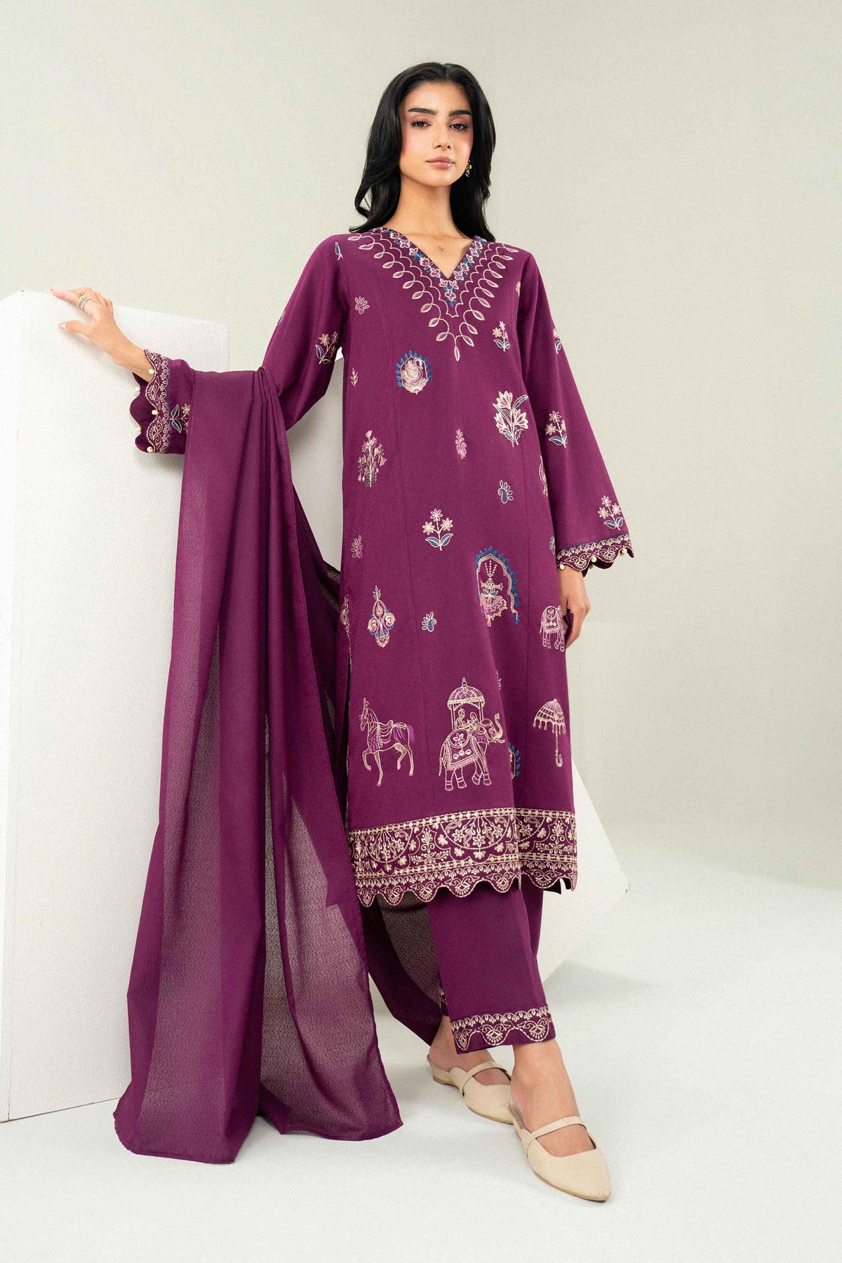 Purple 3-Piece Embroidered Suit in Karandi ready-to-wear