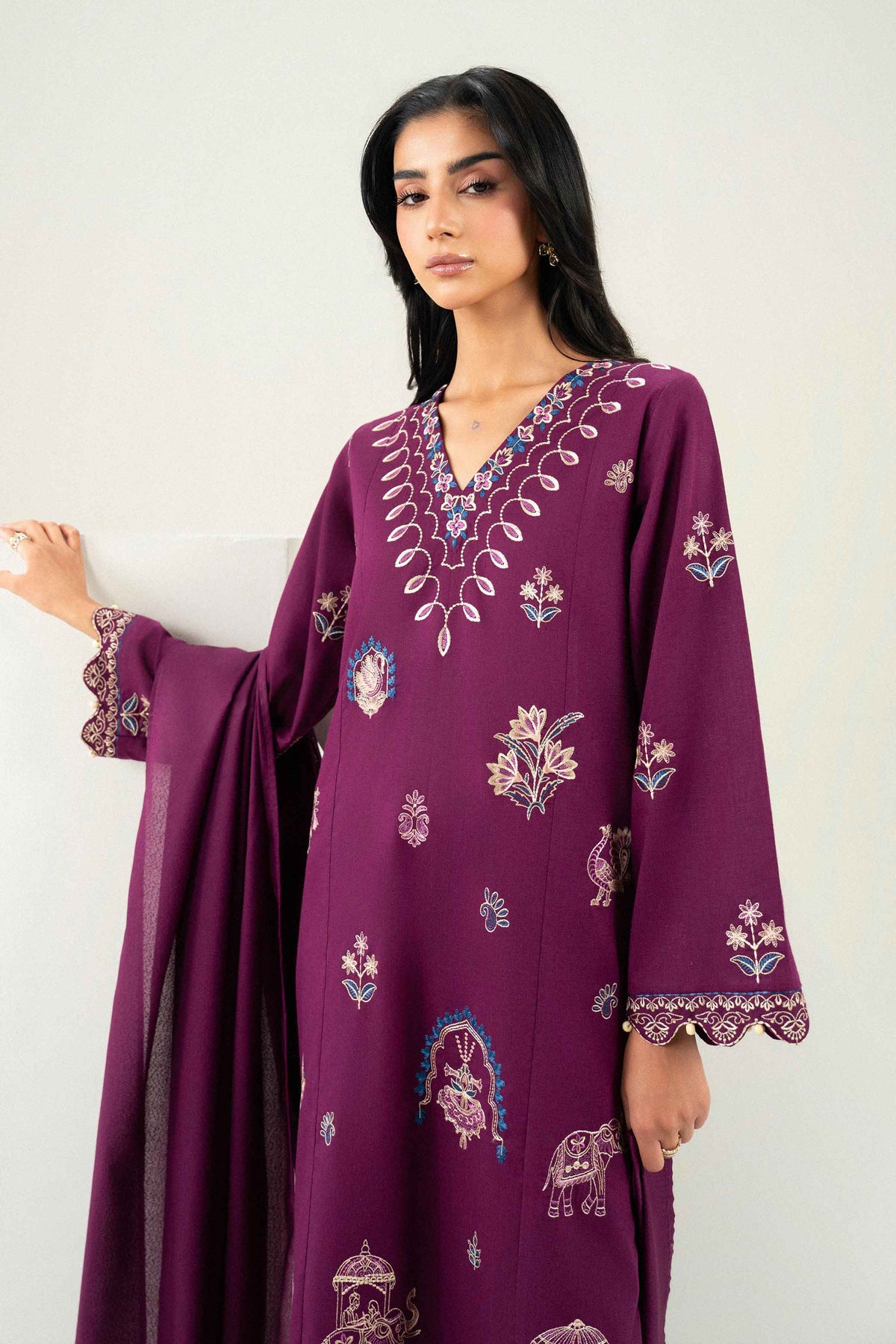 Purple 3-Piece Embroidered Suit in Karandi ready-to-wear