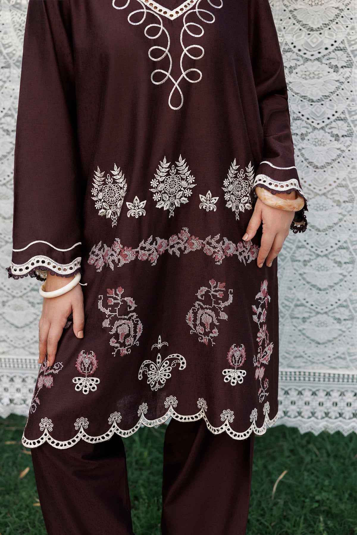 Purple 3-Piece Embroidered Suit in Karandi ready-to-wear