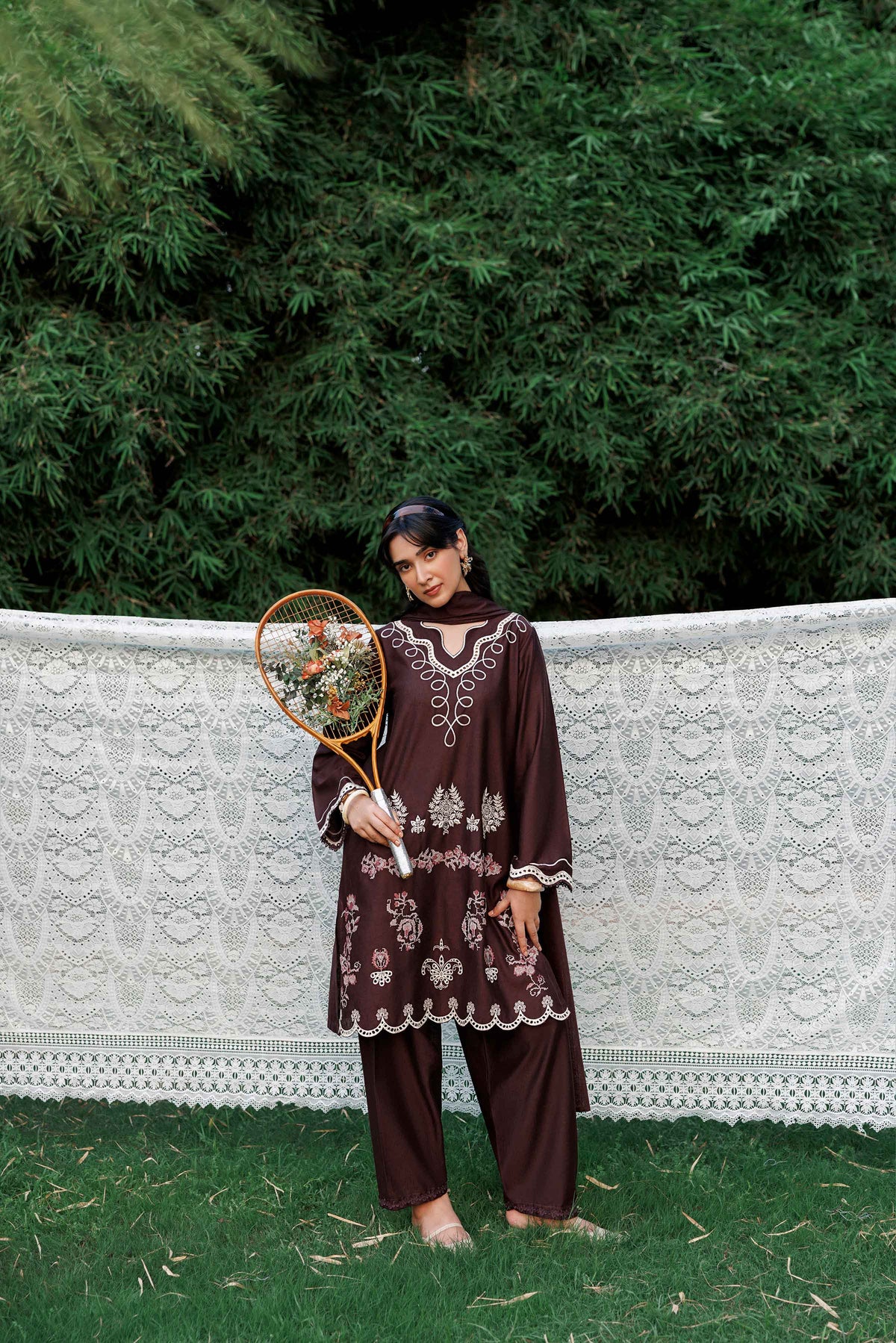 Purple 3-Piece Embroidered Suit in Karandi ready-to-wear