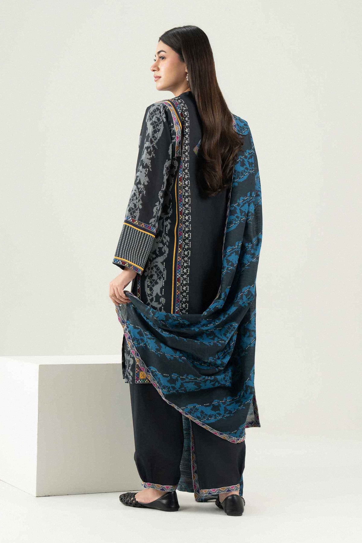 Black 3-Piece Printed Embroidered Suit in Khaddar ready-to-wear