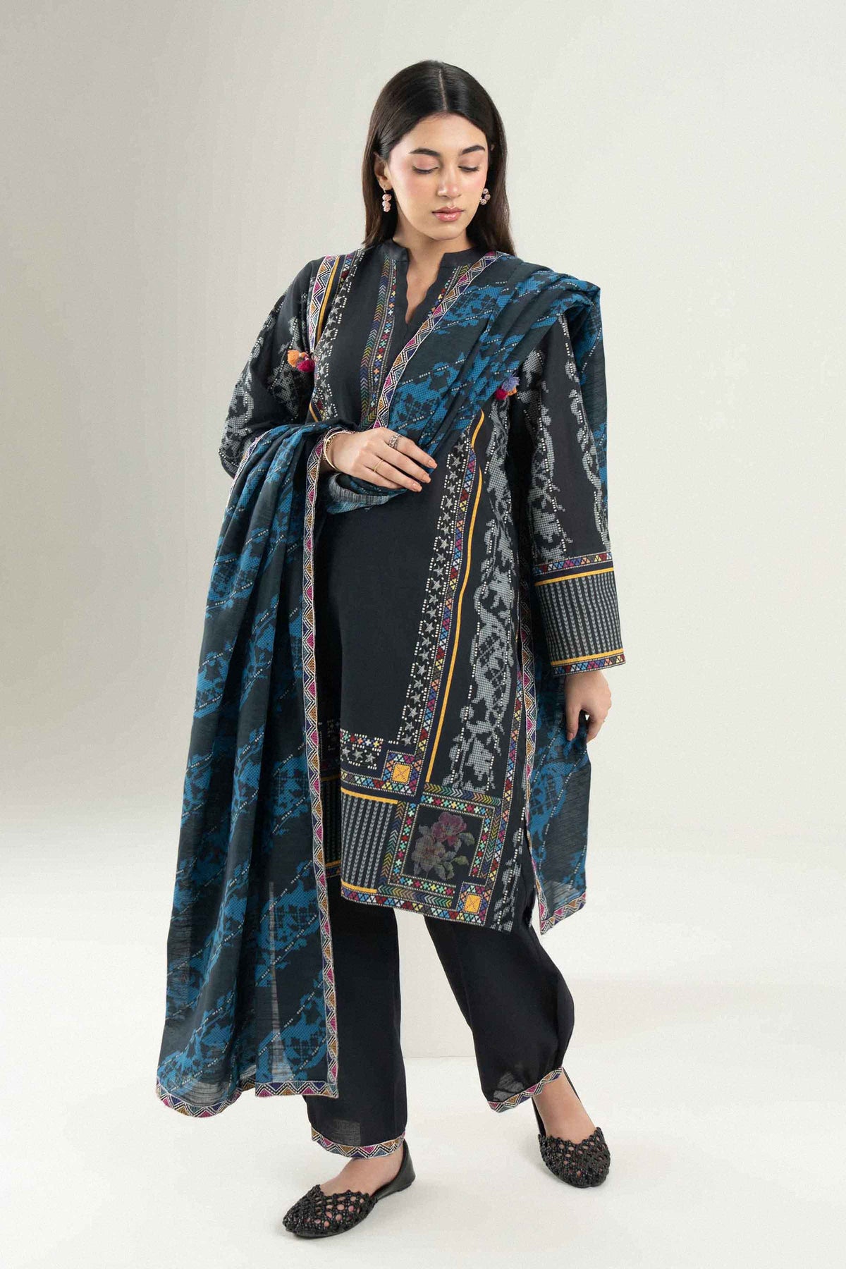 Black 3-Piece Printed Embroidered Suit in Khaddar ready-to-wear