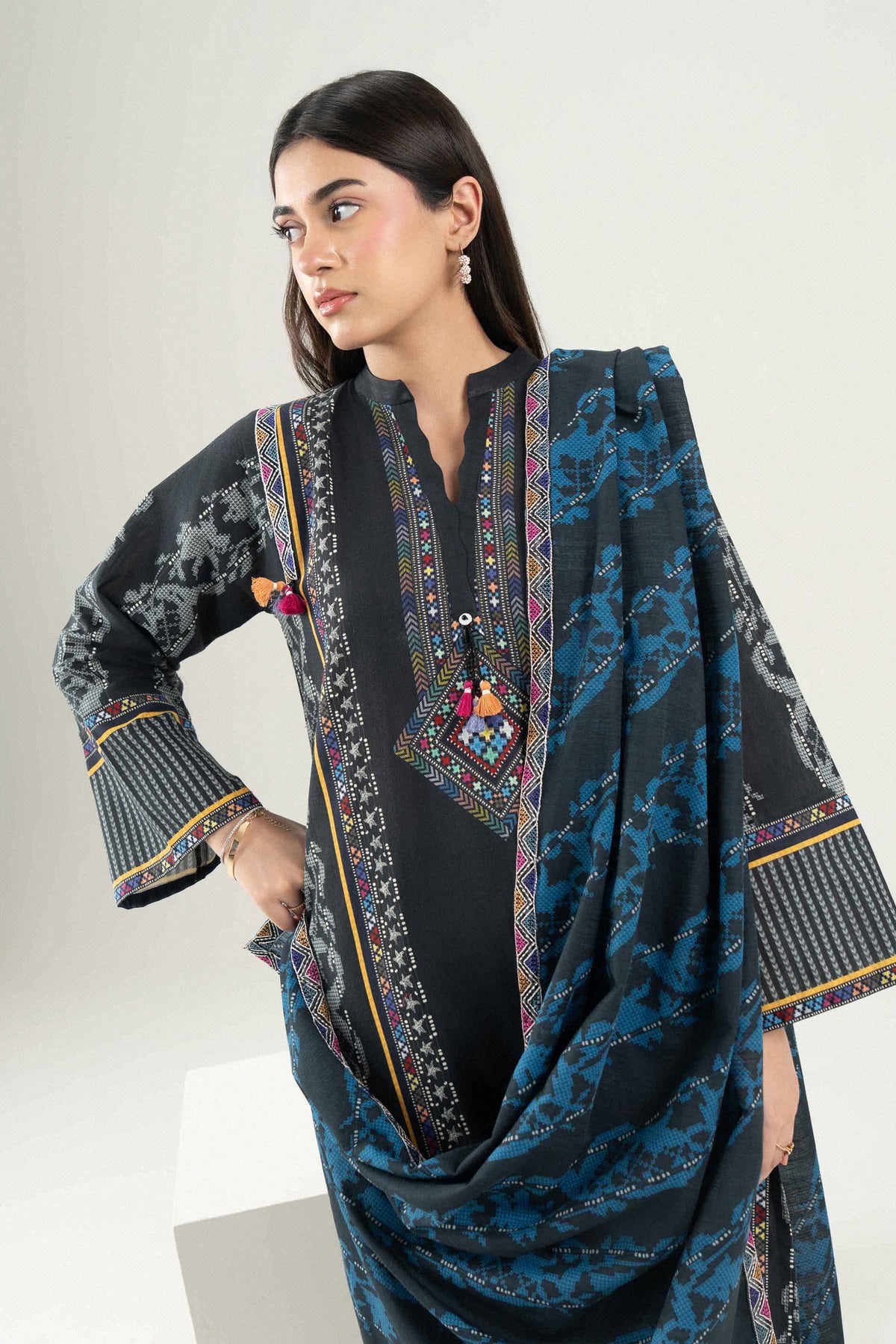 Black 3-Piece Printed Embroidered Suit in Khaddar ready-to-wear