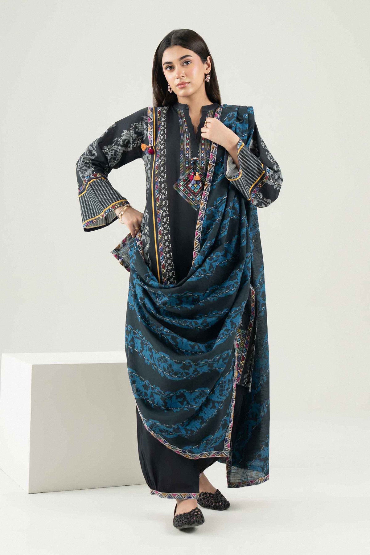 Black 3-Piece Printed Embroidered Suit in Khaddar ready-to-wear