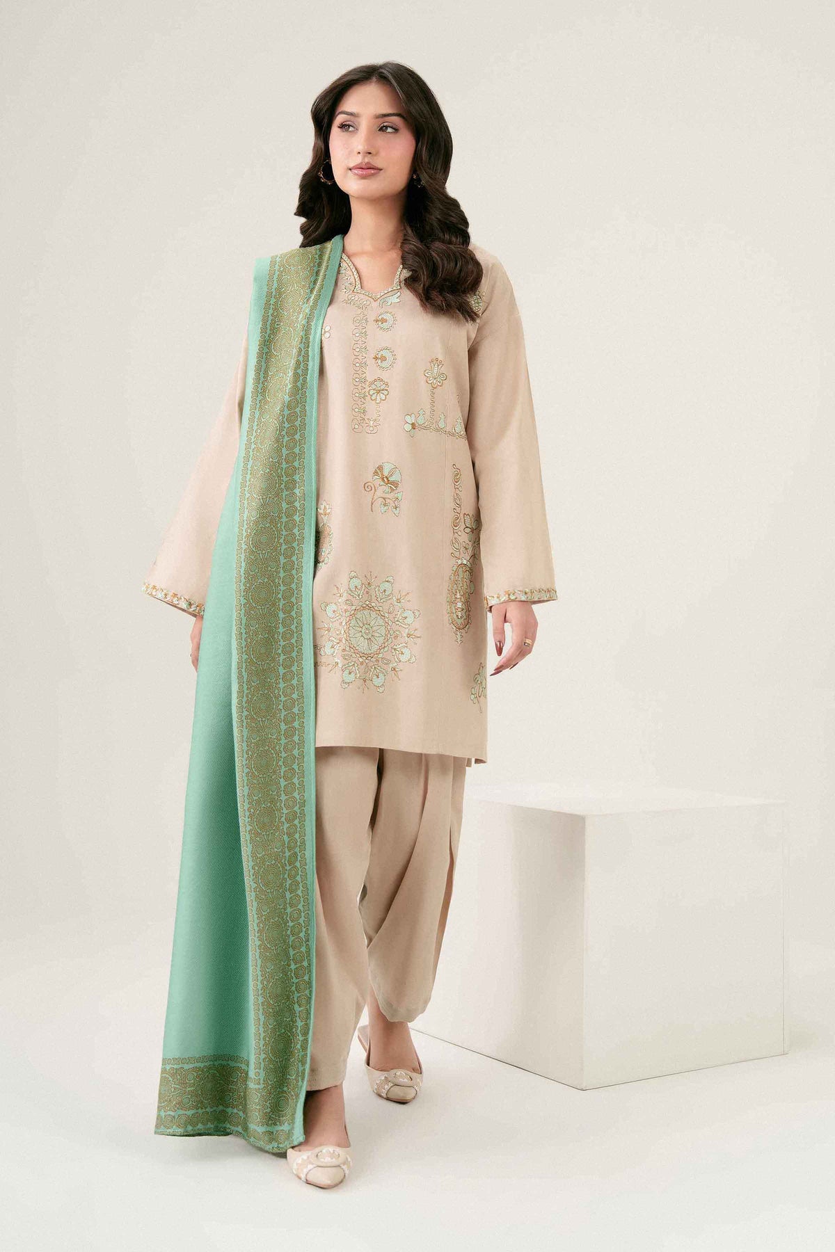 Beige 3-Piece Embroidered Suit in Twill ready-to-wear