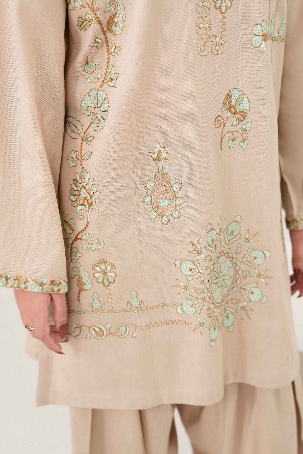 Beige 3-Piece Embroidered Suit in Twill ready-to-wear