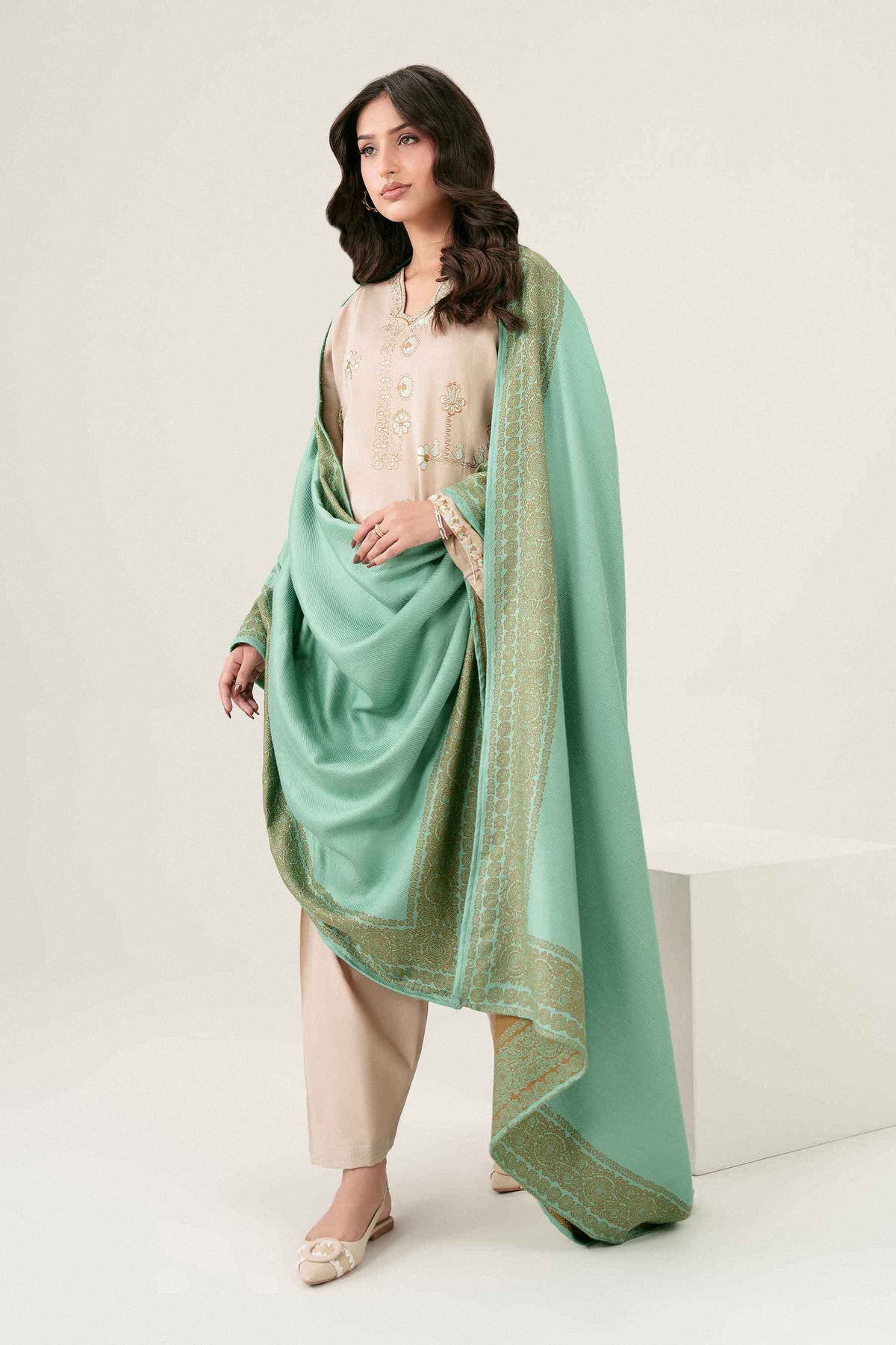 Beige 3-Piece Embroidered Suit in Twill ready-to-wear