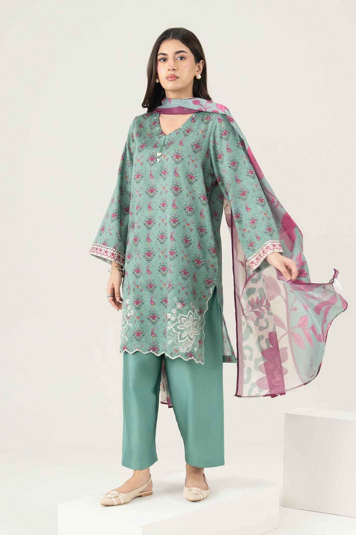 Green 3-Piece Printed Embroidered Suit in Satin ready-to-wear