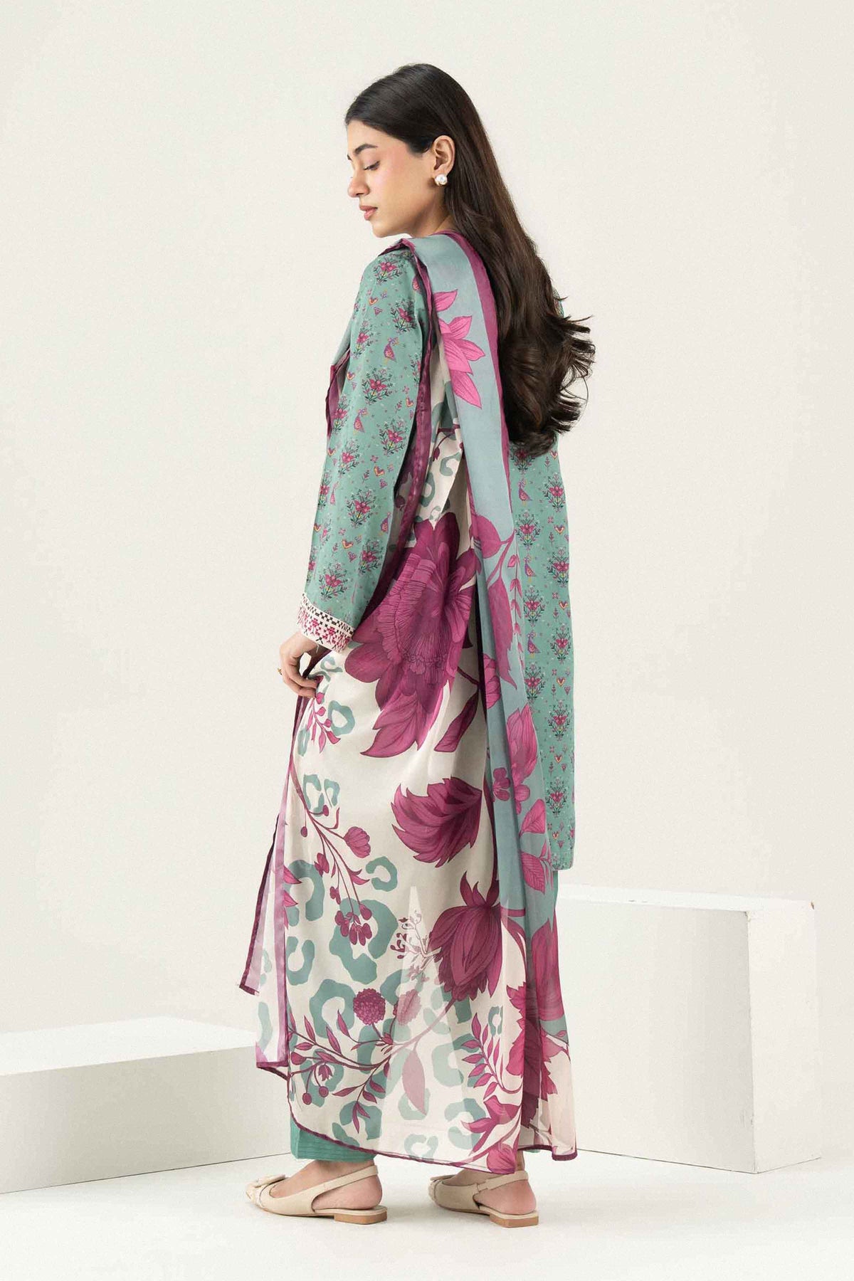 Green 3-Piece Printed Embroidered Suit in Satin ready-to-wear