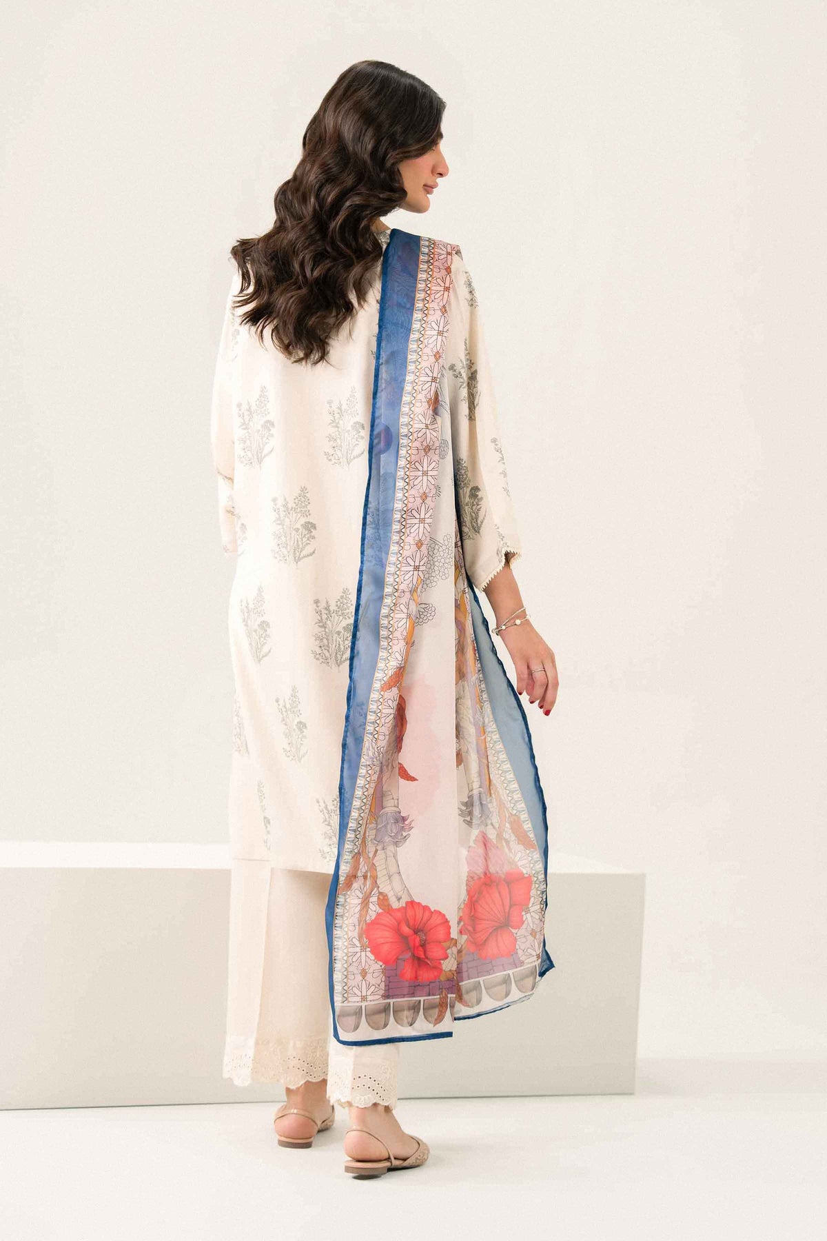 Off White 3-Piece Printed Embroidered Suit in Satin ready-to-wear