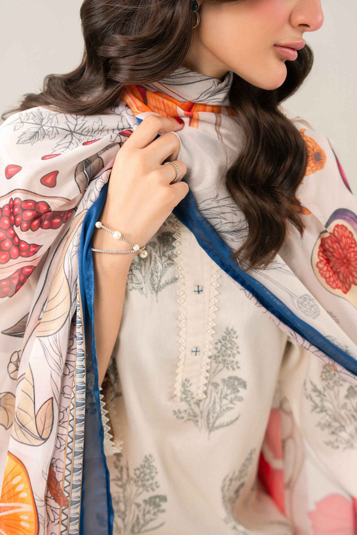 Off White 3-Piece Printed Embroidered Suit in Satin ready-to-wear
