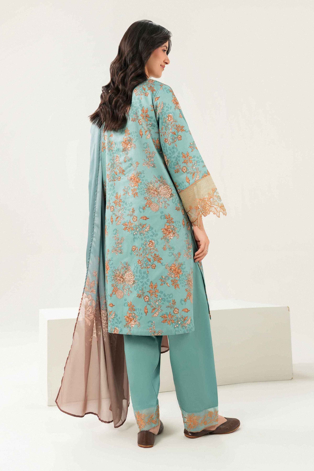 Green 3-Piece Printed Embroidered Suit in Satin ready-to-wear