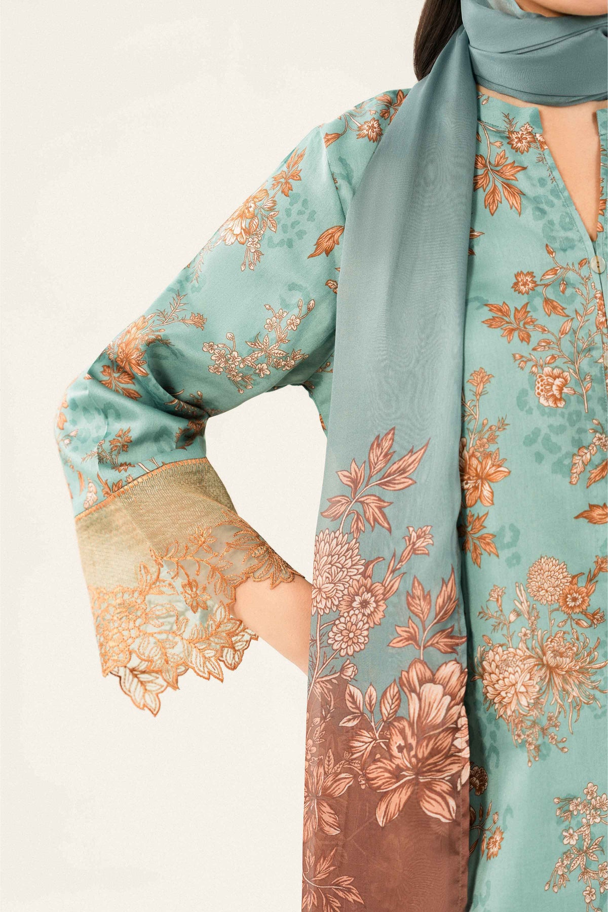 Green 3-Piece Printed Embroidered Suit in Satin ready-to-wear