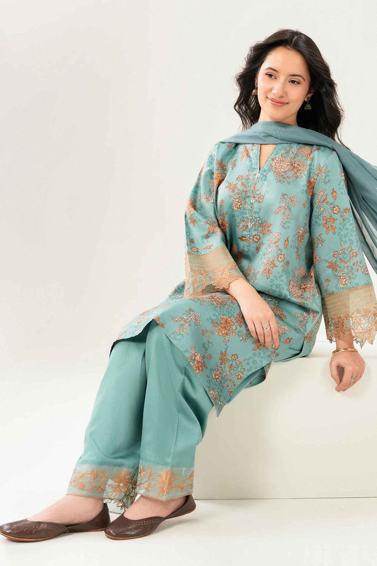 Green 3-Piece Printed Embroidered Suit in Satin ready-to-wear