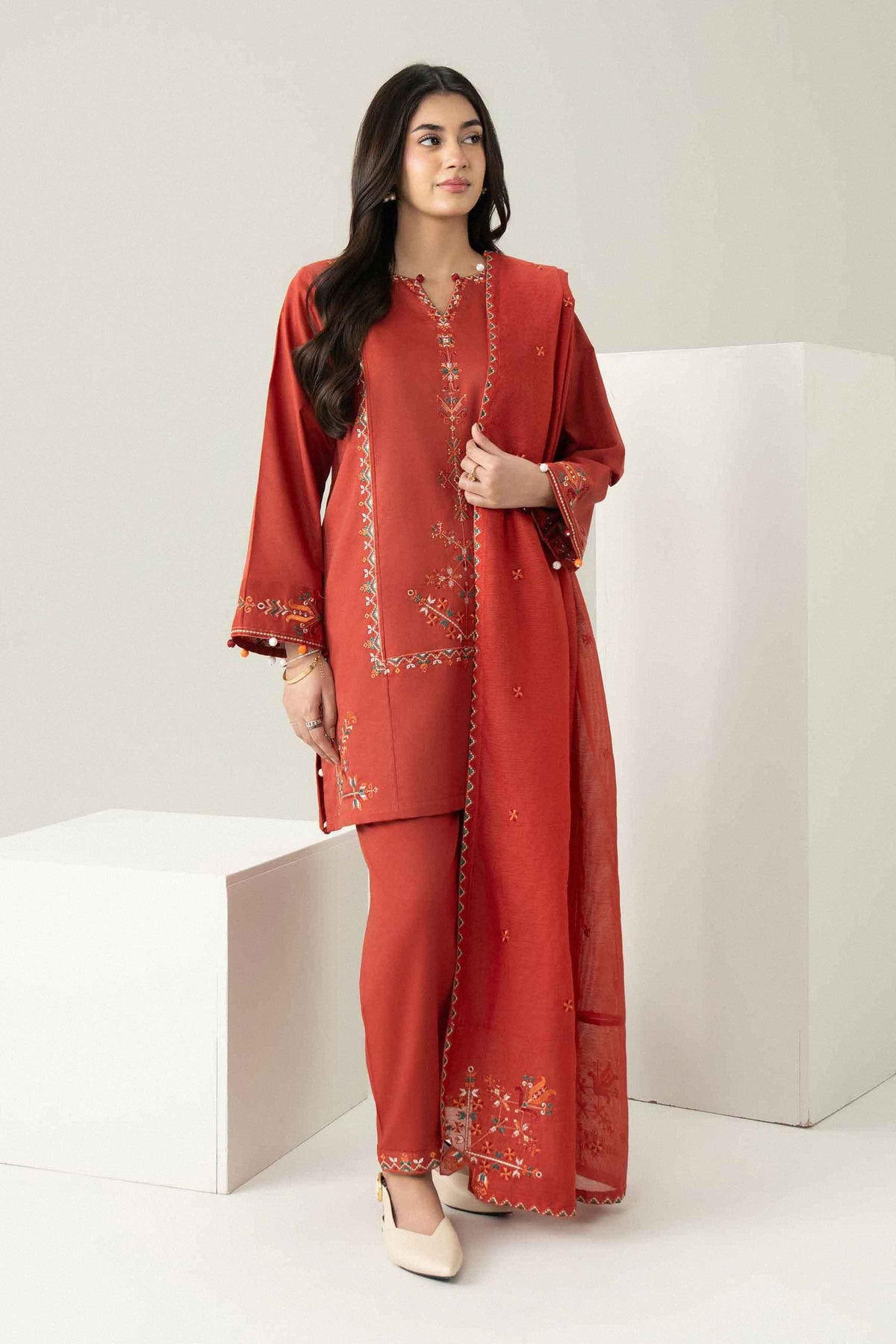 Orange 3-Piece Embroidered Suit in Karandi ready-to-wear