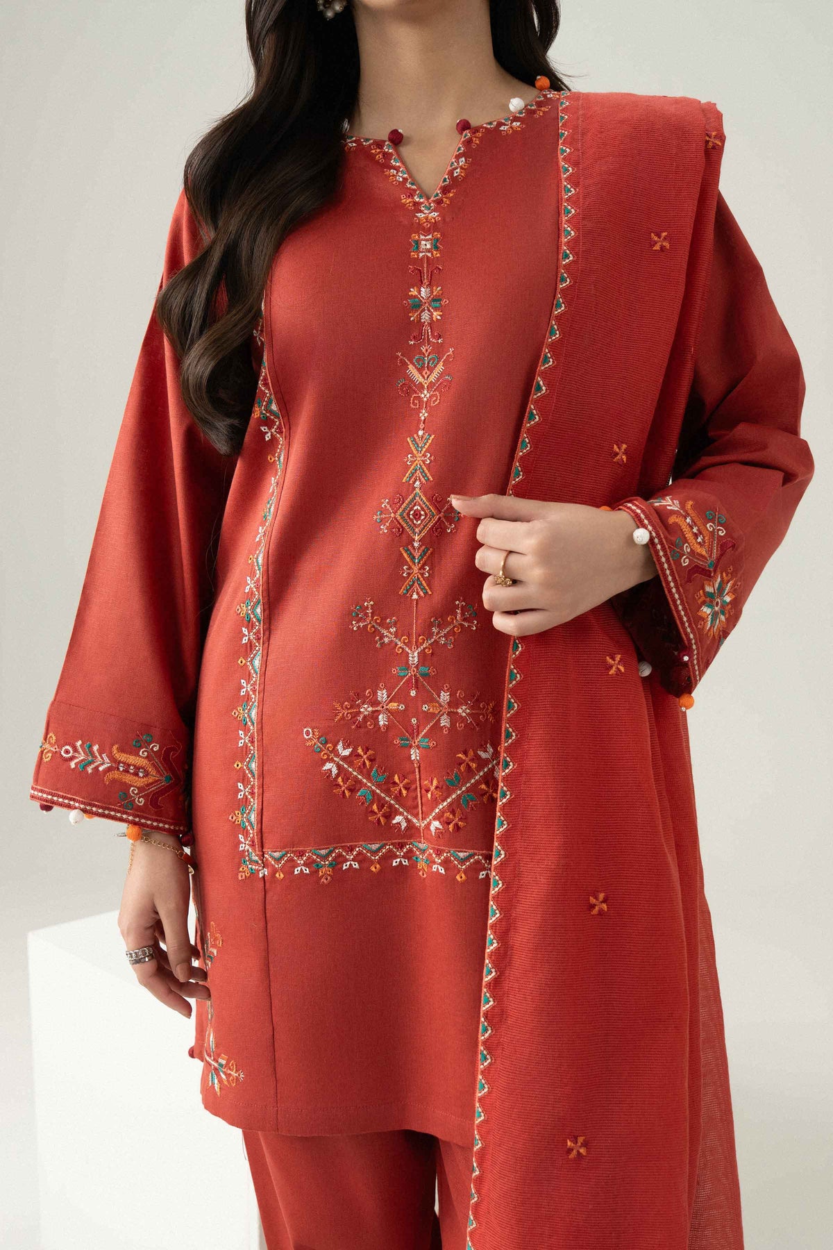 Orange 3-Piece Embroidered Suit in Karandi ready-to-wear