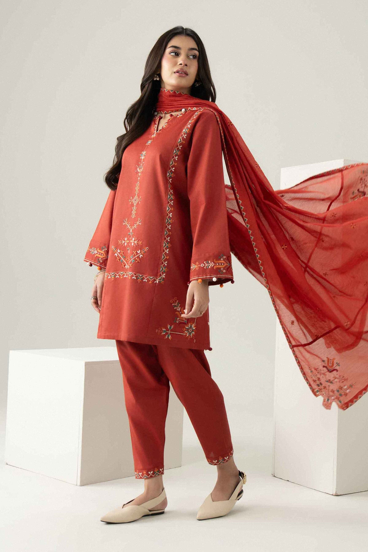 Orange 3-Piece Embroidered Suit in Karandi ready-to-wear