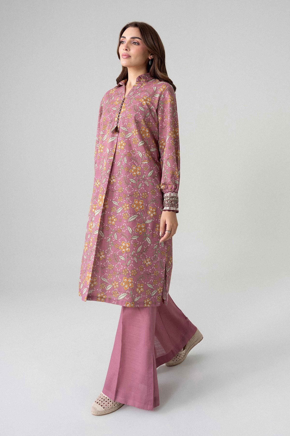 Pink 2-Piece Printed Suit in Karandi unstitched