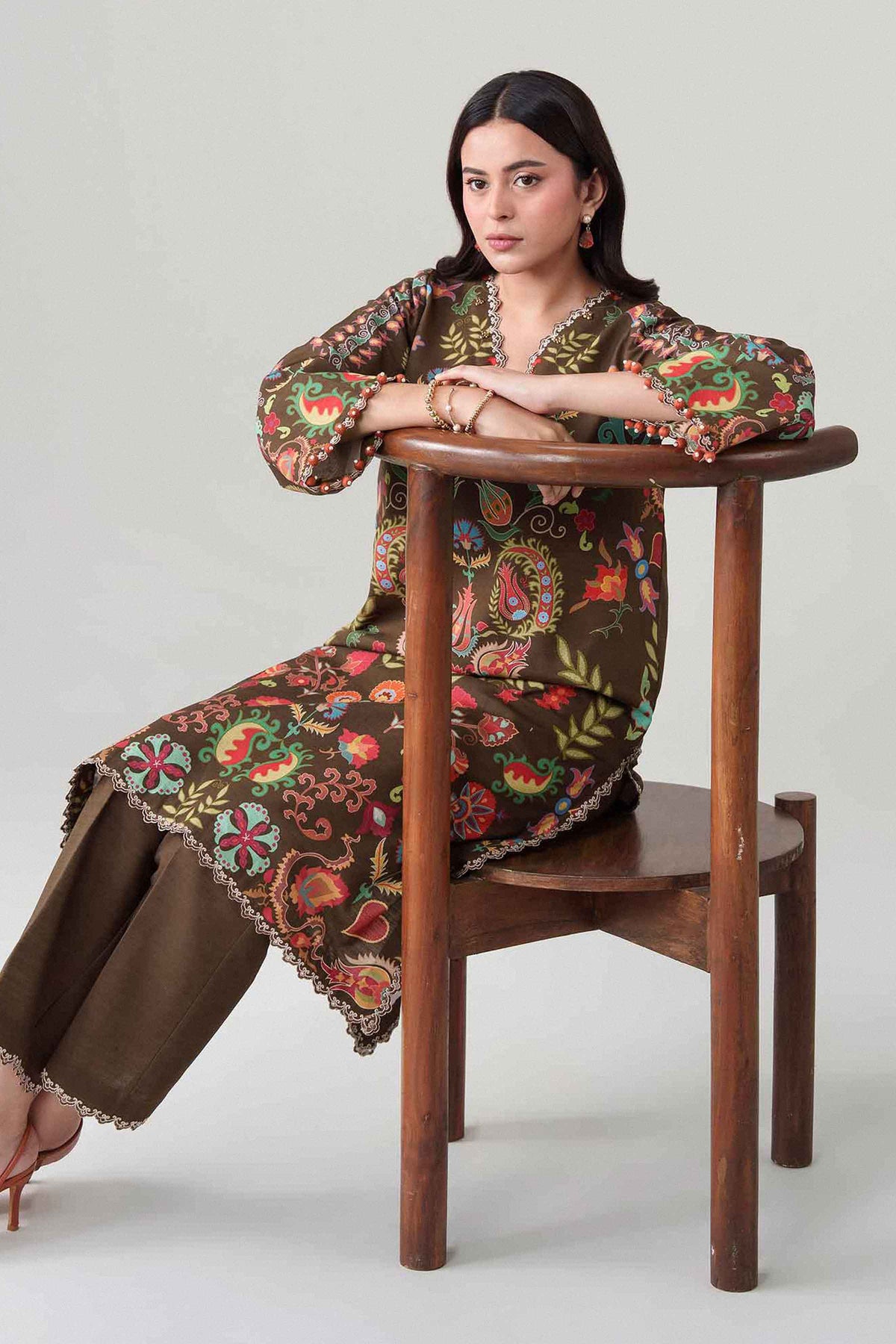 Brown 2-Piece Digital Printed Embroidered Suit in Khaddar unstitched