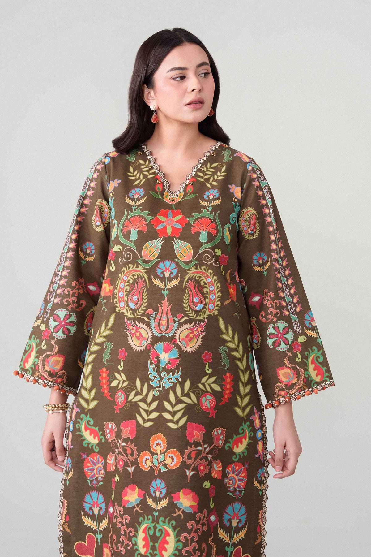 Brown 2-Piece Digital Printed Embroidered Suit in Khaddar unstitched