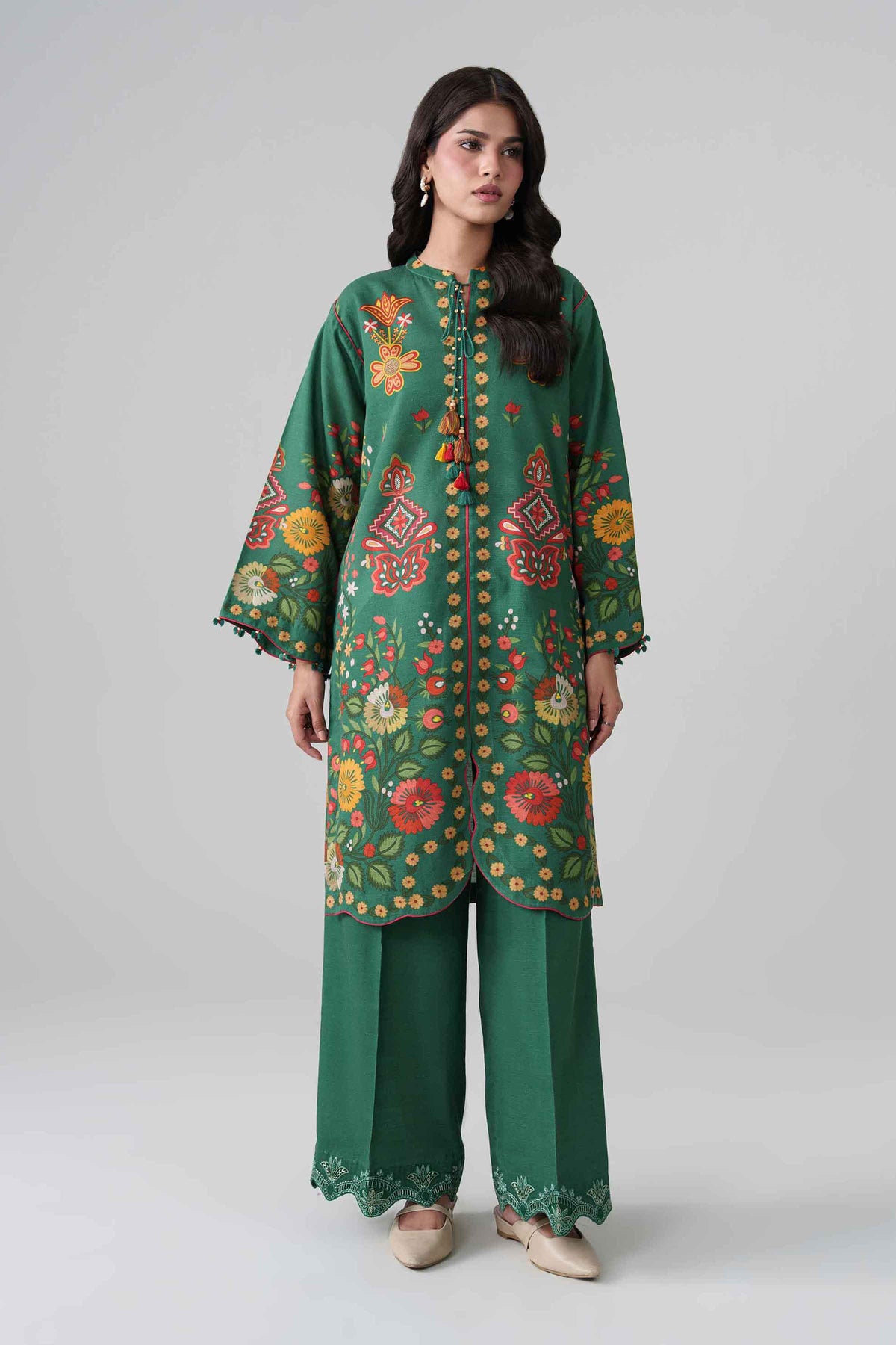 Green 2-Piece Digital Printed Embroidered Suit in Khaddar unstitched