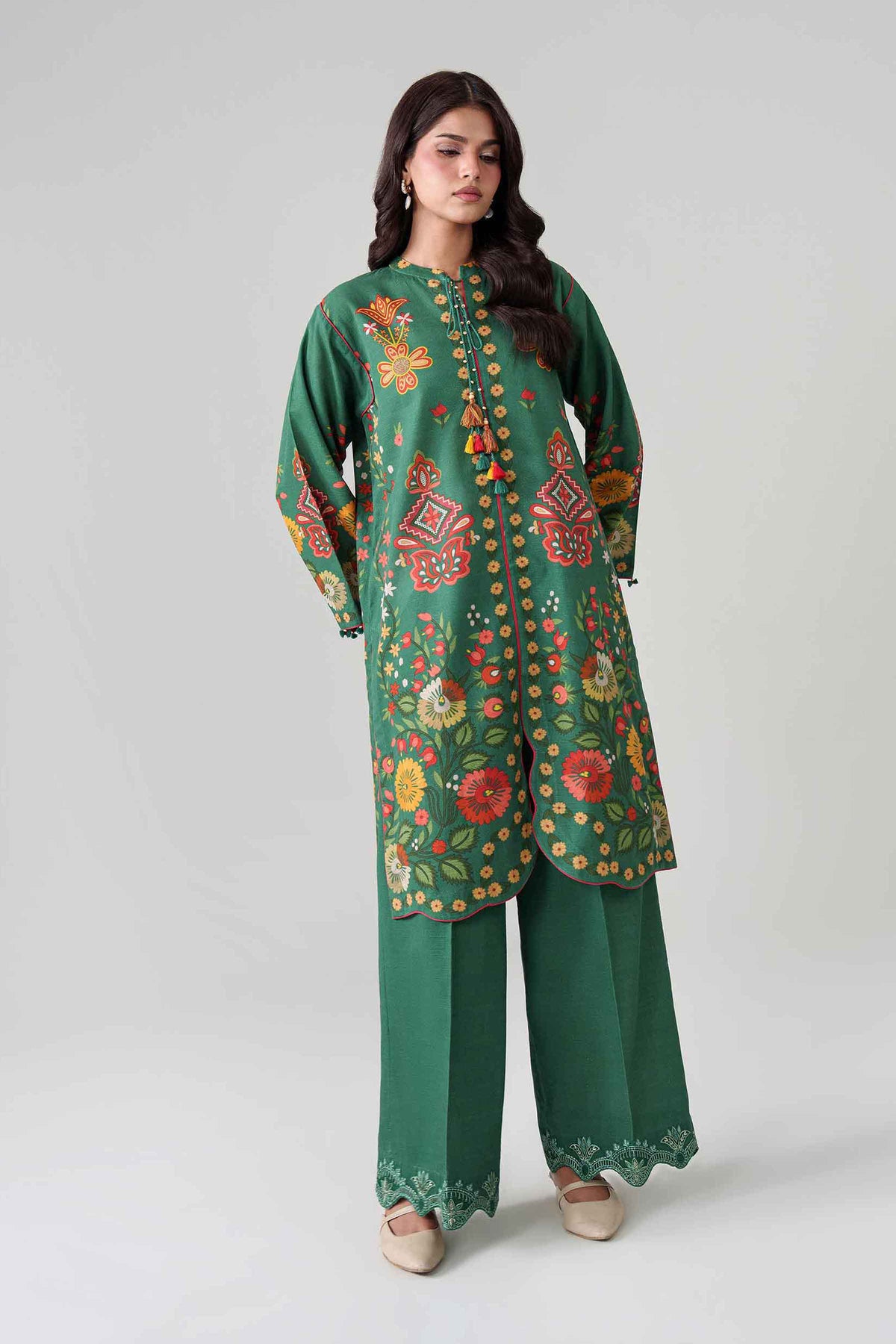 Green 2-Piece Digital Printed Embroidered Suit in Khaddar unstitched