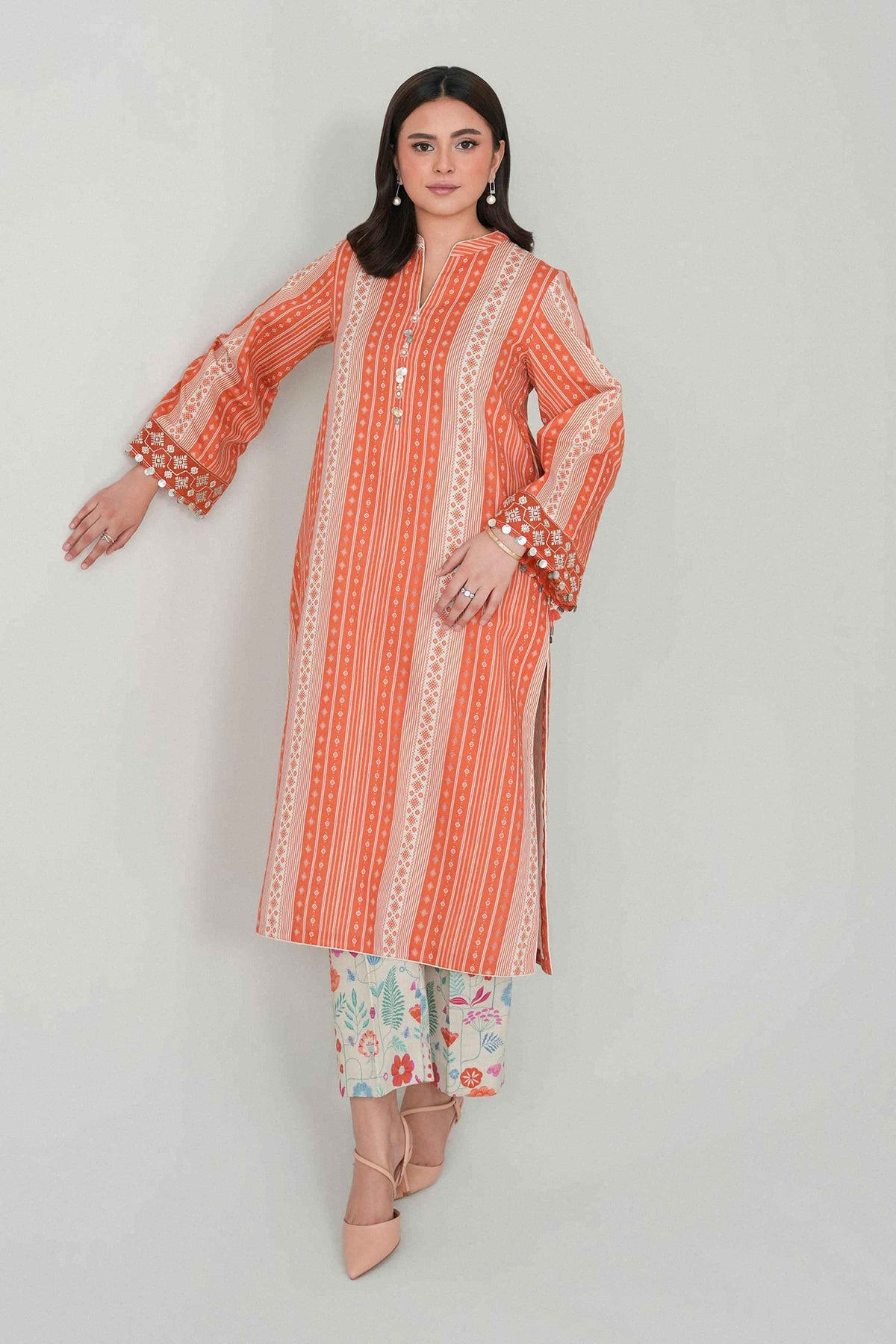 Orange 2-Piece Printed Embroidered Suit in Khaddar unstitched
