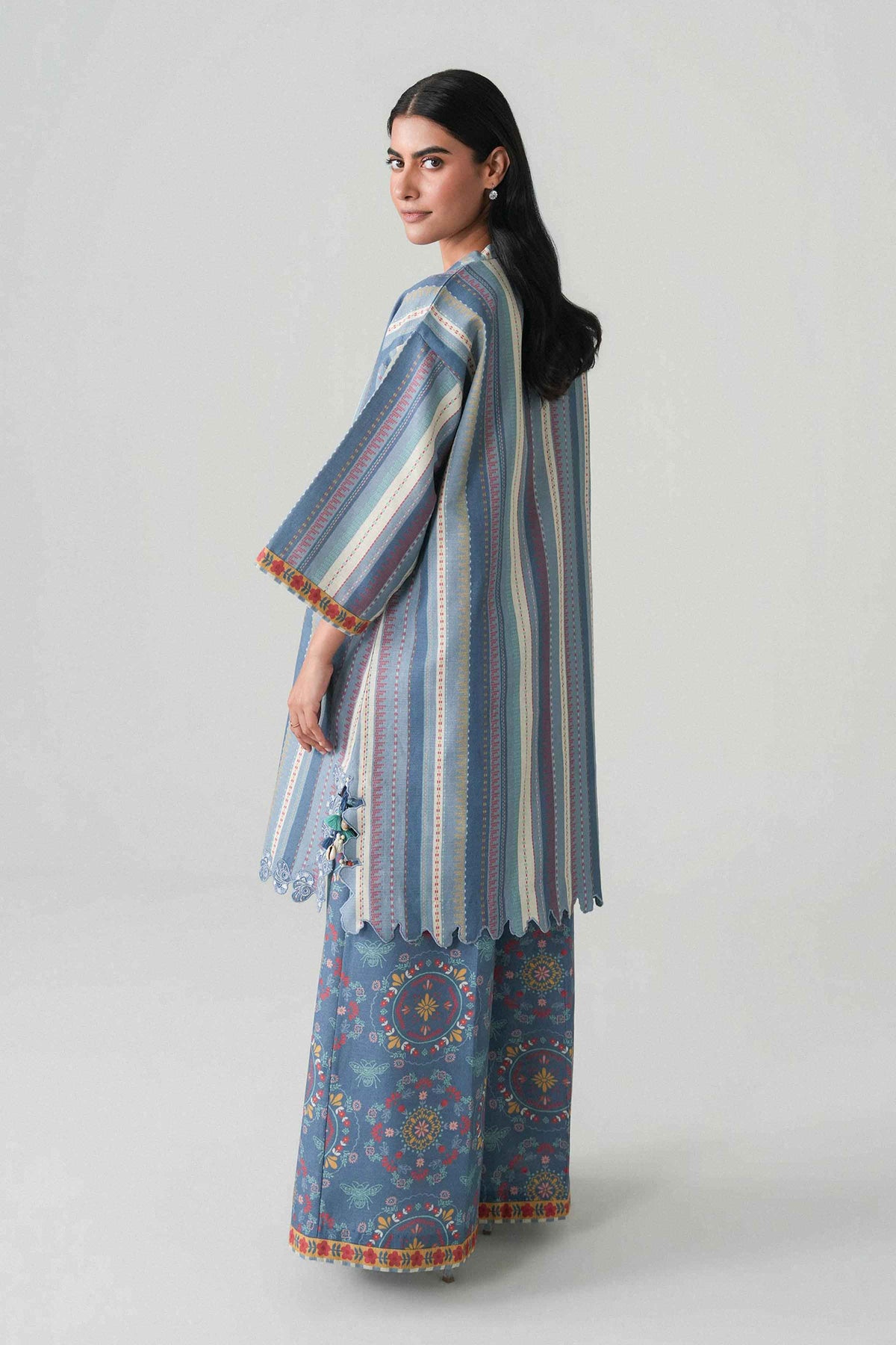 Blue 2-Piece Printed Embroidered Suit in Khaddar unstitched