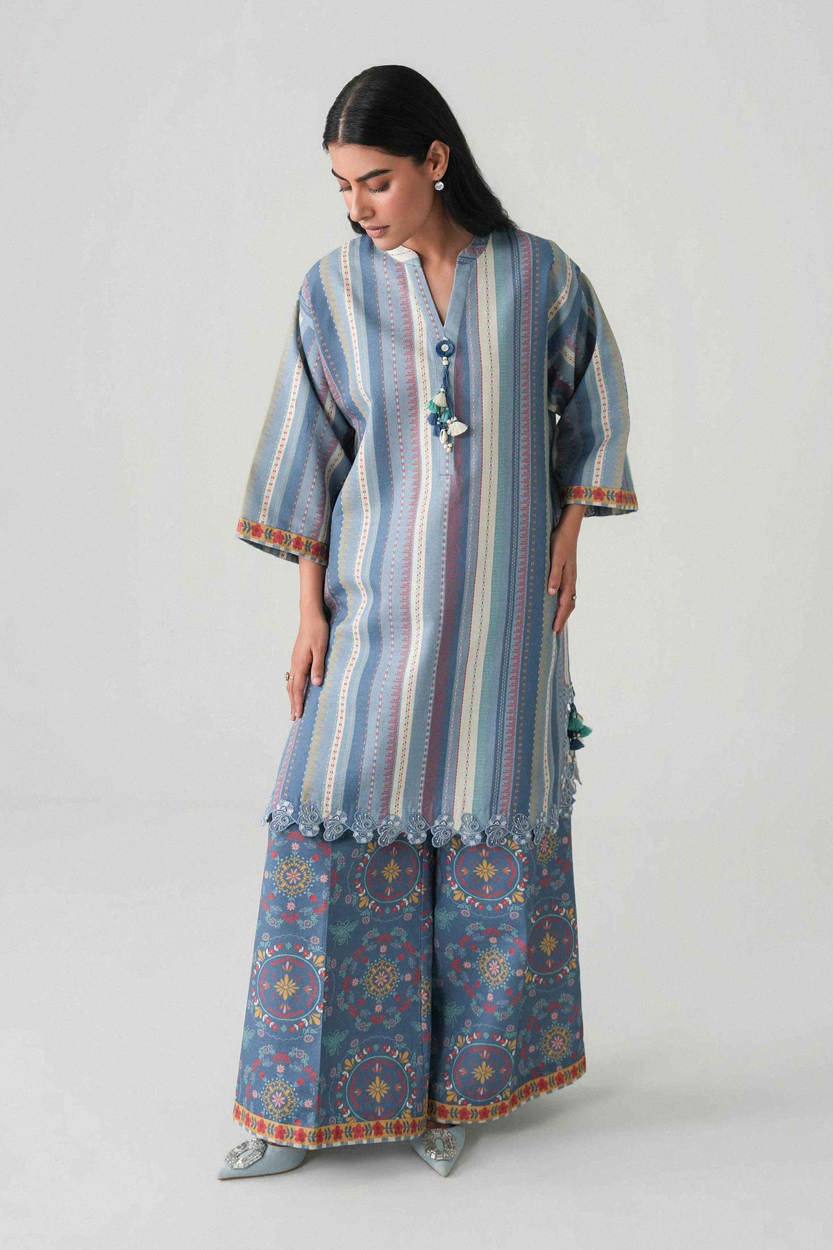 Blue 2-Piece Printed Embroidered Suit in Khaddar unstitched
