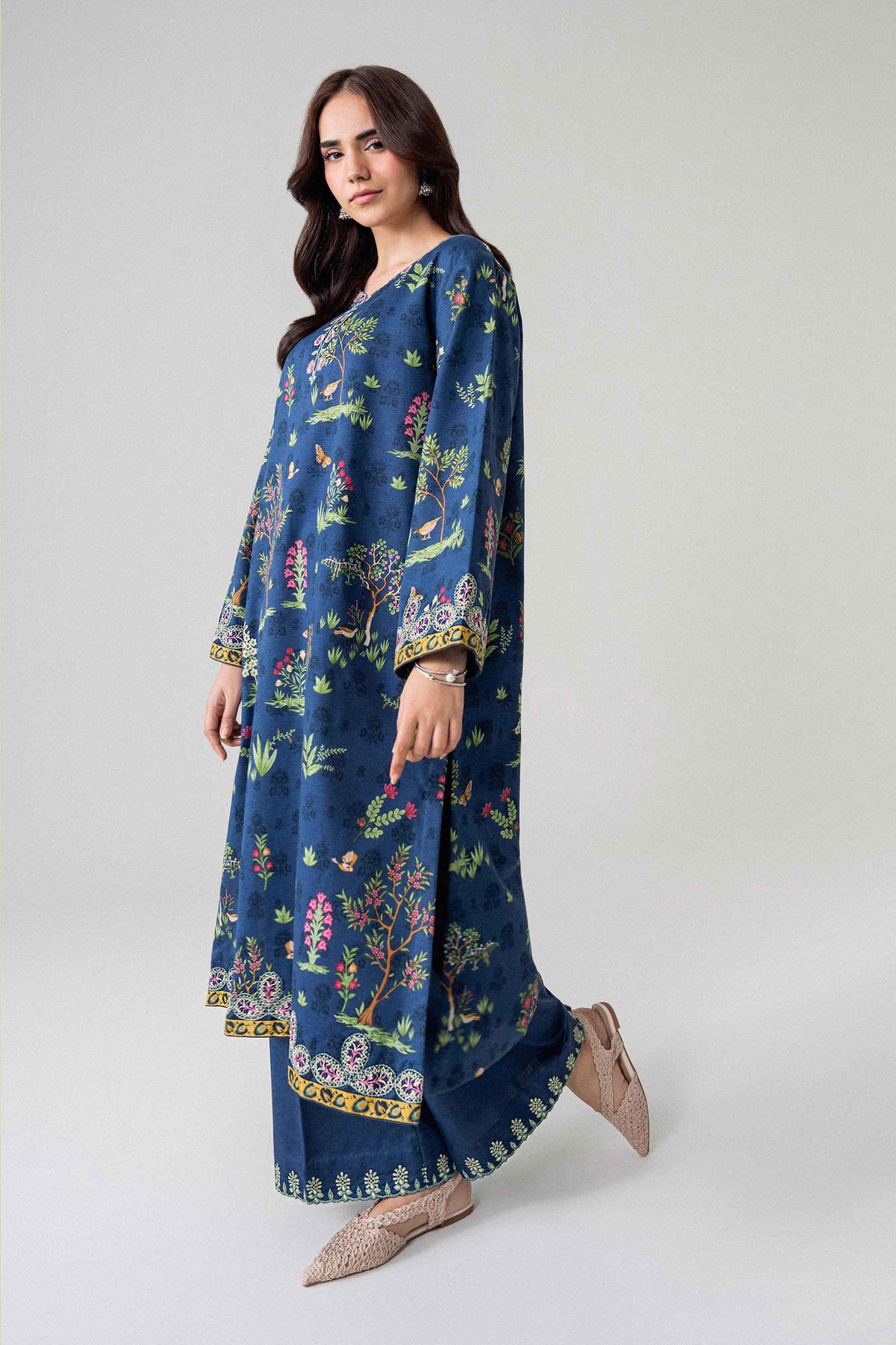Blue 2-Piece Printed Embroidered Suit in Karandi unstitched