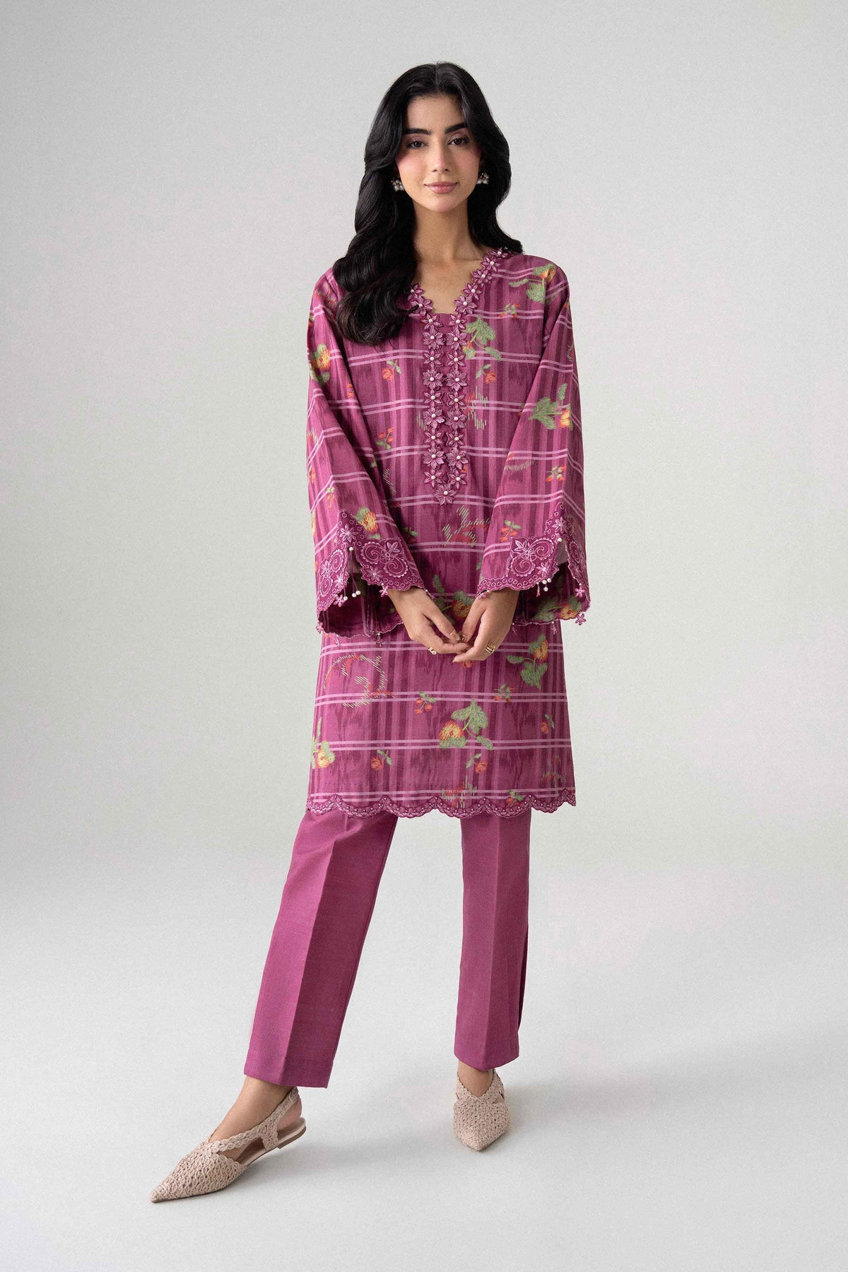 Purple 2-Piece Printed Embroidered Suit in Karandi unstitched