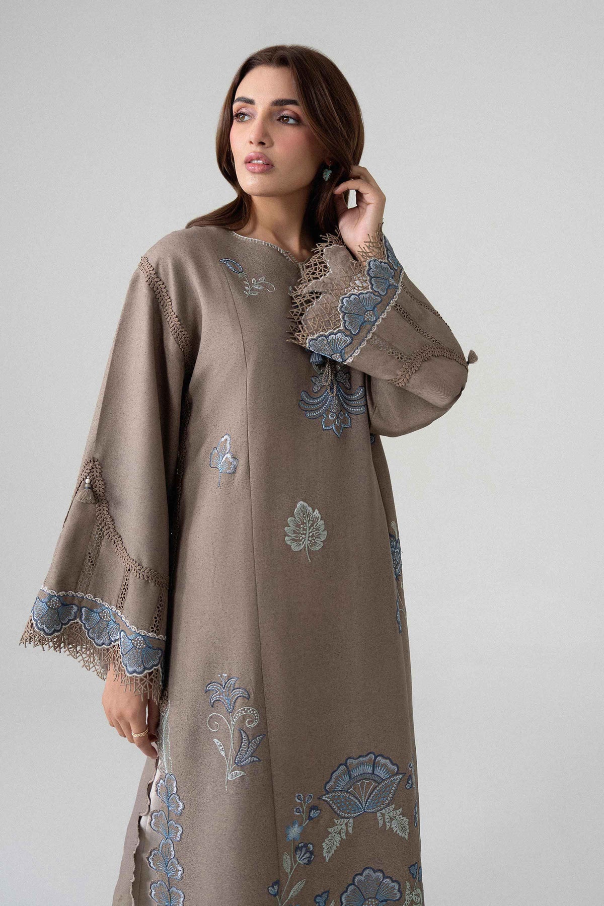 Brown 2-Piece Embroidered Suit in Karandi unstitched