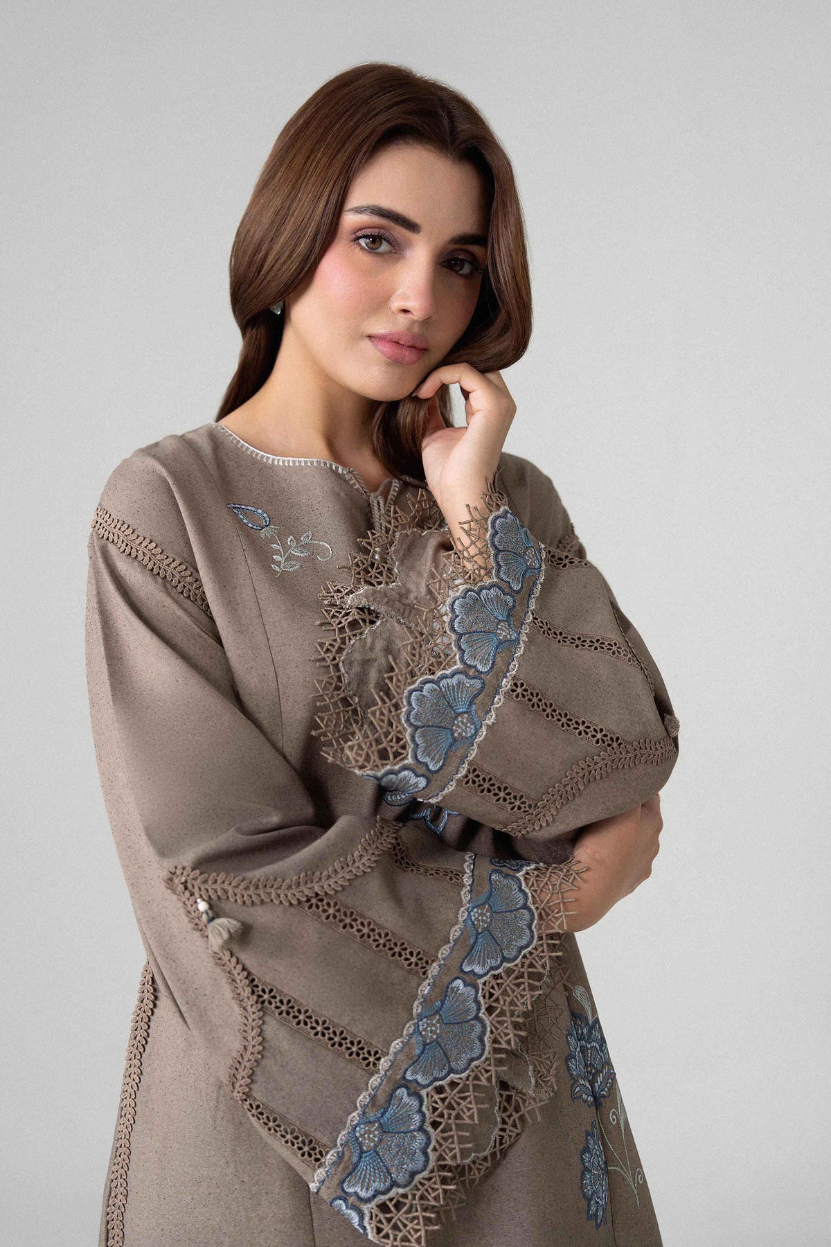 Brown 2-Piece Embroidered Suit in Karandi unstitched