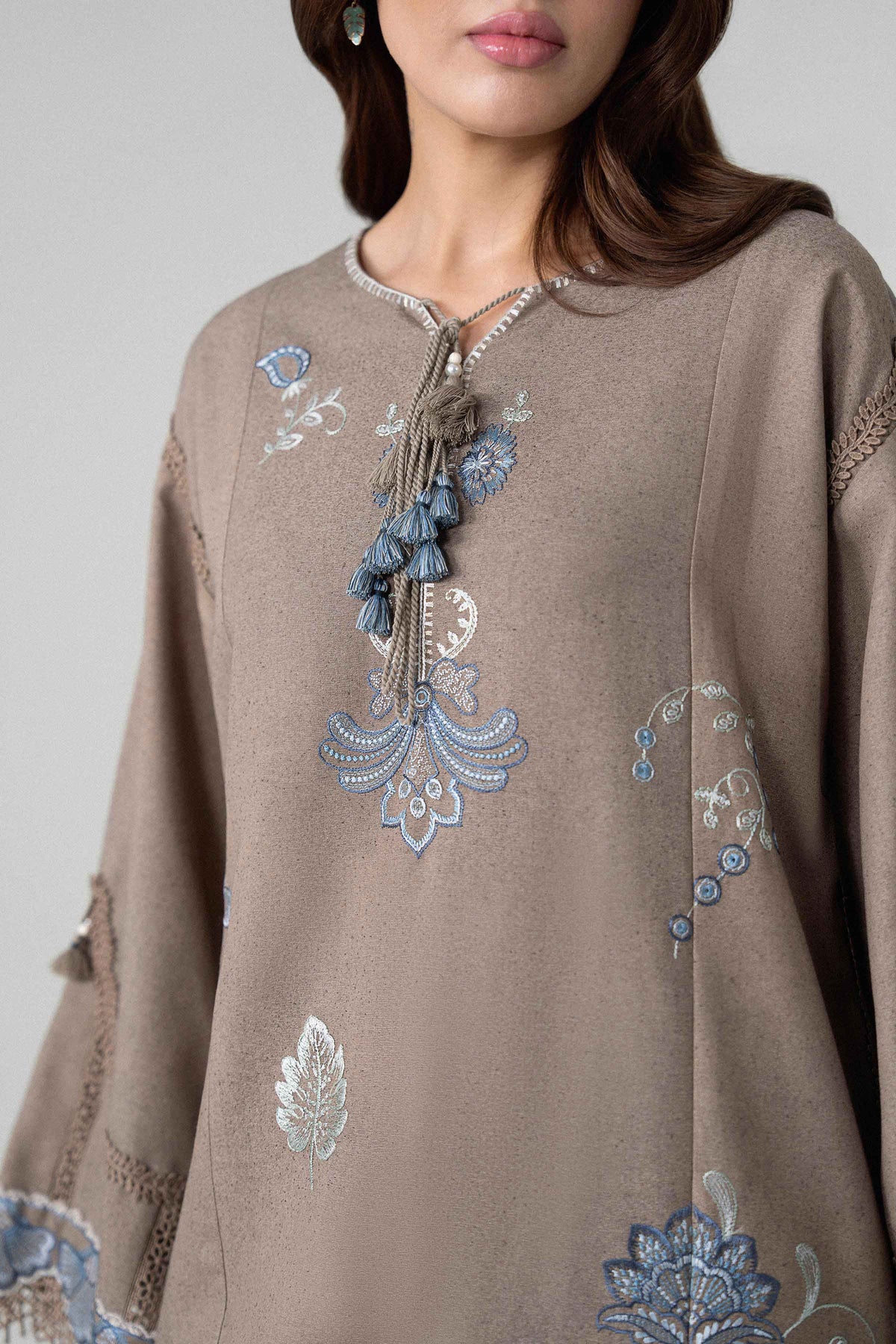 Brown 2-Piece Embroidered Suit in Karandi unstitched