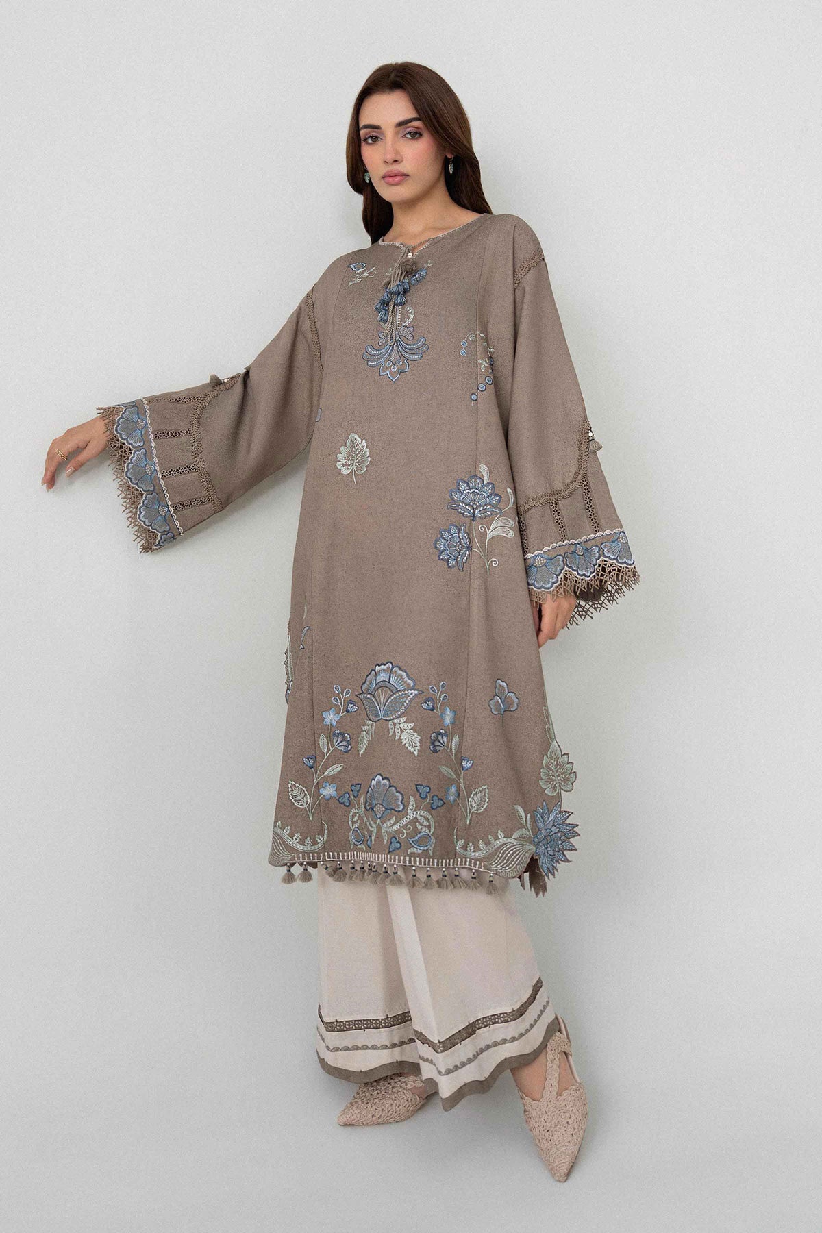 Brown 2-Piece Embroidered Suit in Karandi unstitched